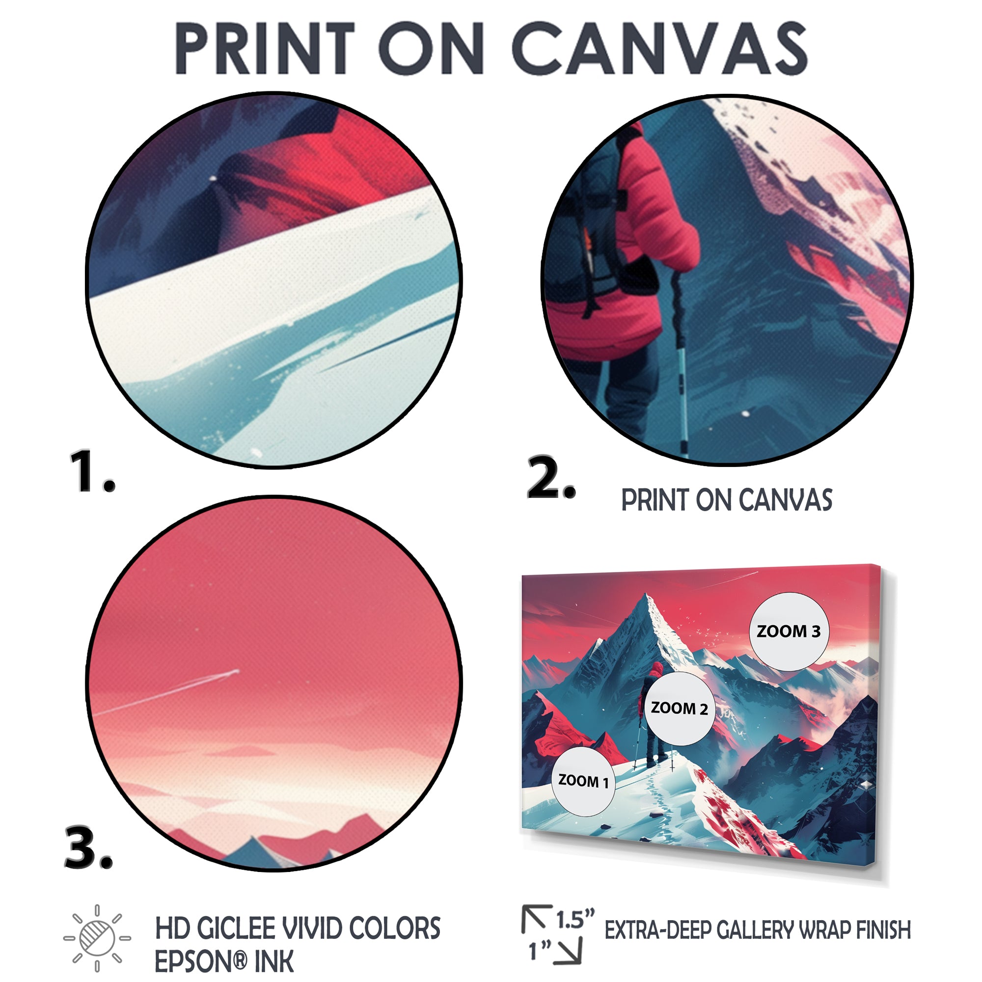 Red Blue Winter Mountain Views Hiking I - Hiking Canvas Wall Art