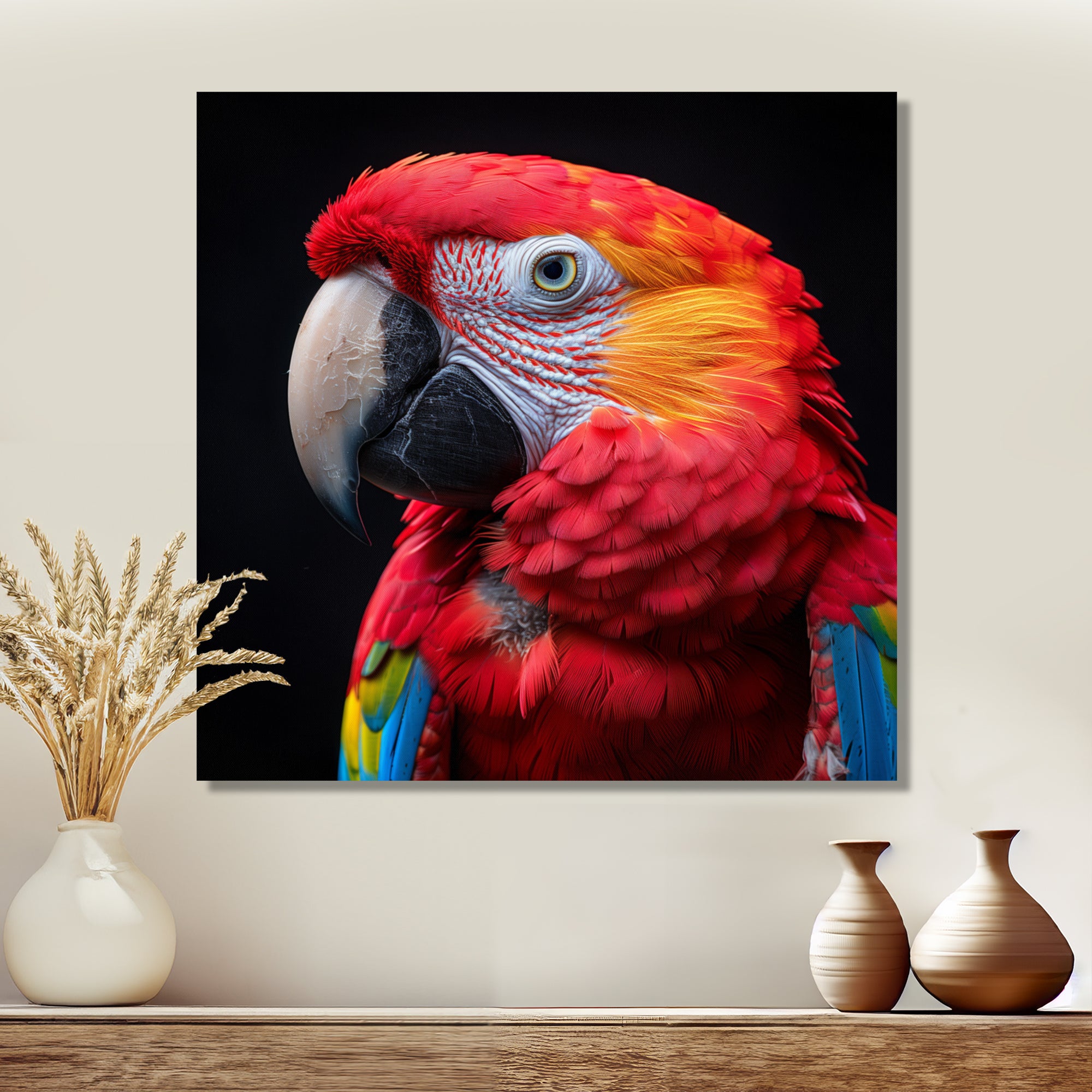 Red and orange parrot portrait on black - Parrot Canvas Wall Art