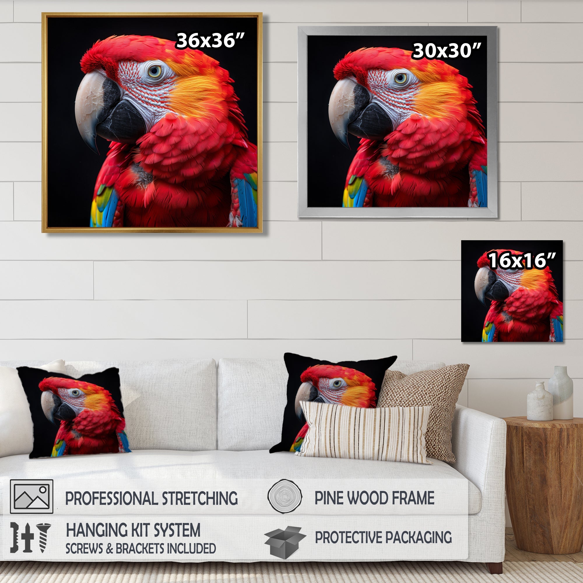Red and orange parrot portrait on black - Parrot Canvas Wall Art