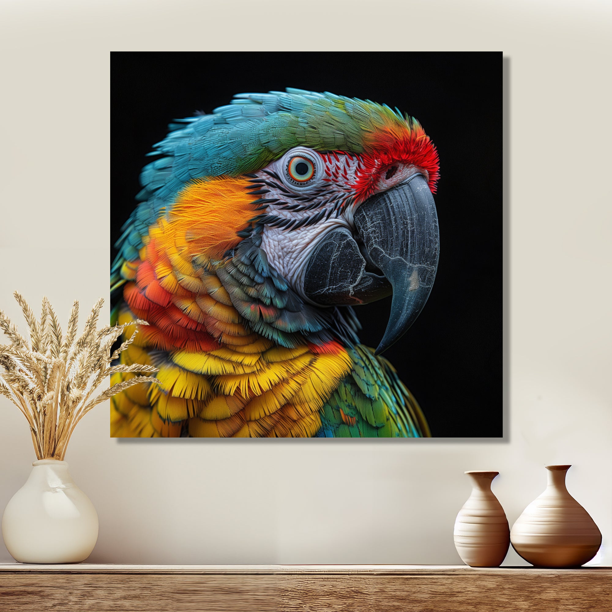 Green and yellow parrot portrait on black - Parrot Wall Decor