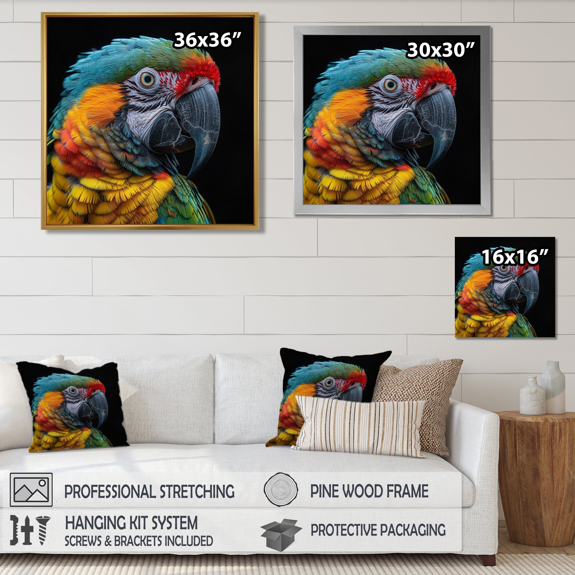Green and yellow parrot portrait on black - Parrot Wall Decor