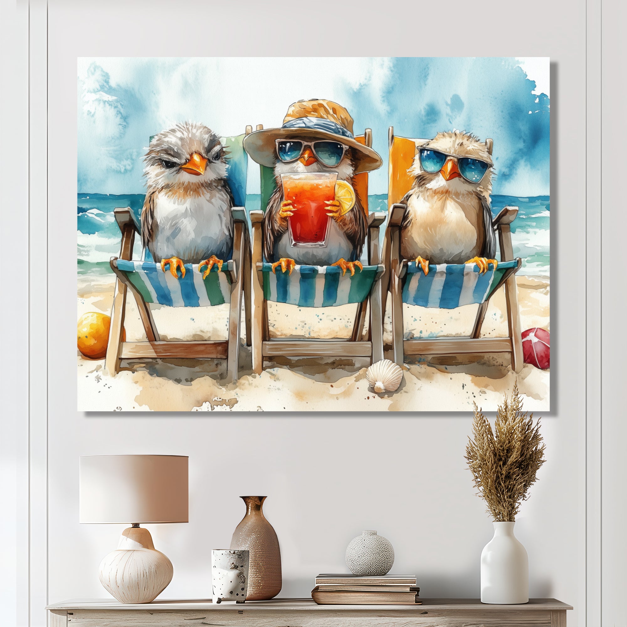 Canaries On The Beach Lounging Chair - Coastal Animal Living Room Wall Art