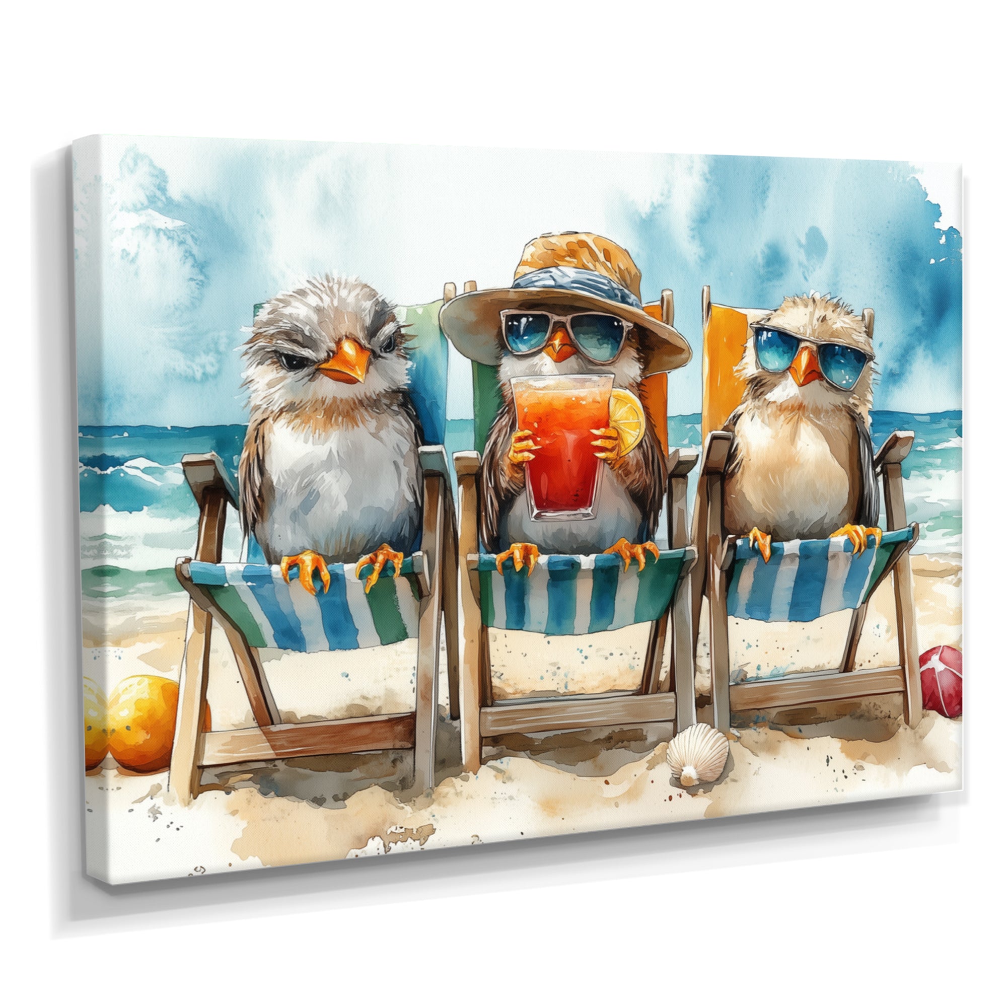Canaries On The Beach Lounging Chair - Coastal Animal Living Room Wall Art