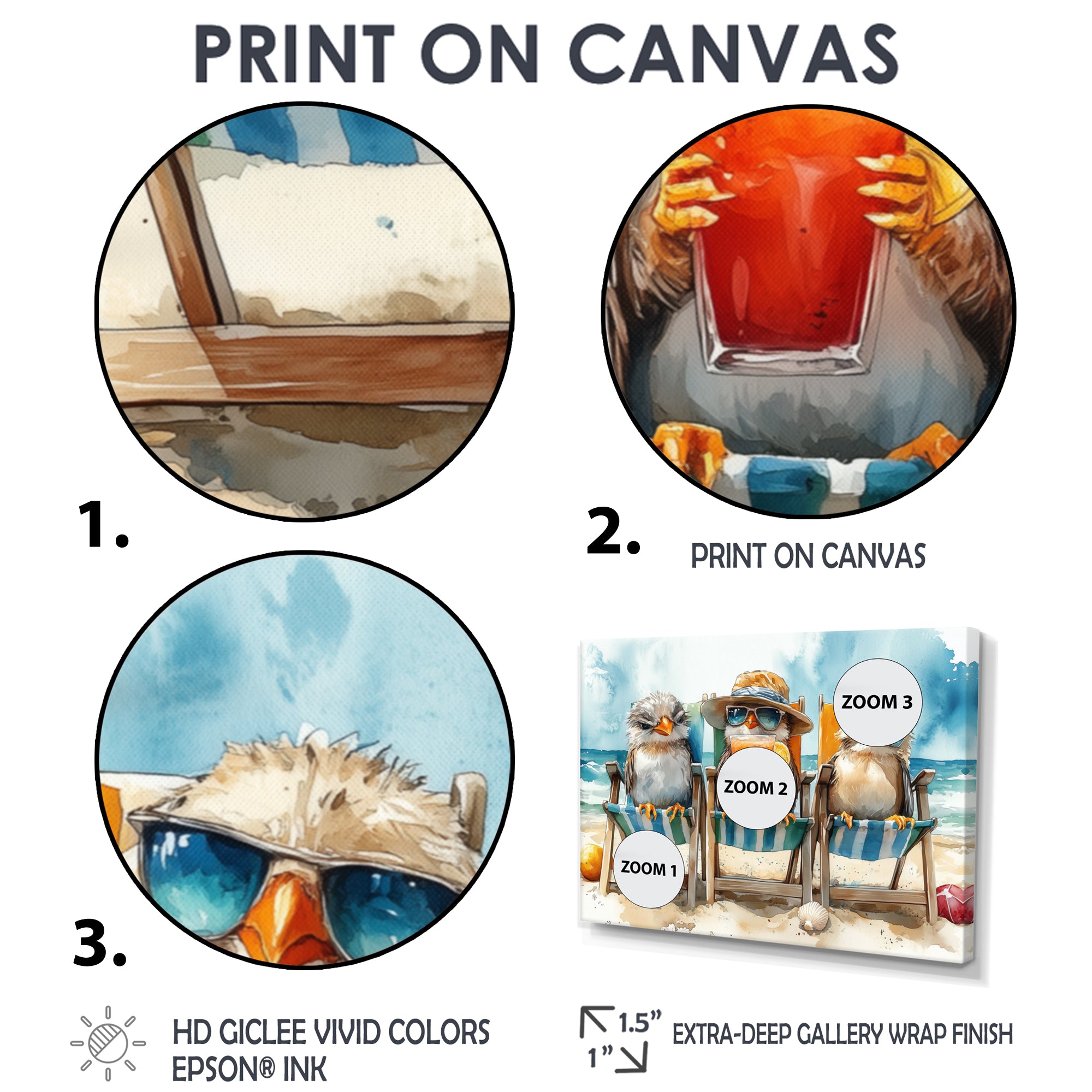 Canaries On The Beach Lounging Chair - Coastal Animal Living Room Wall Art