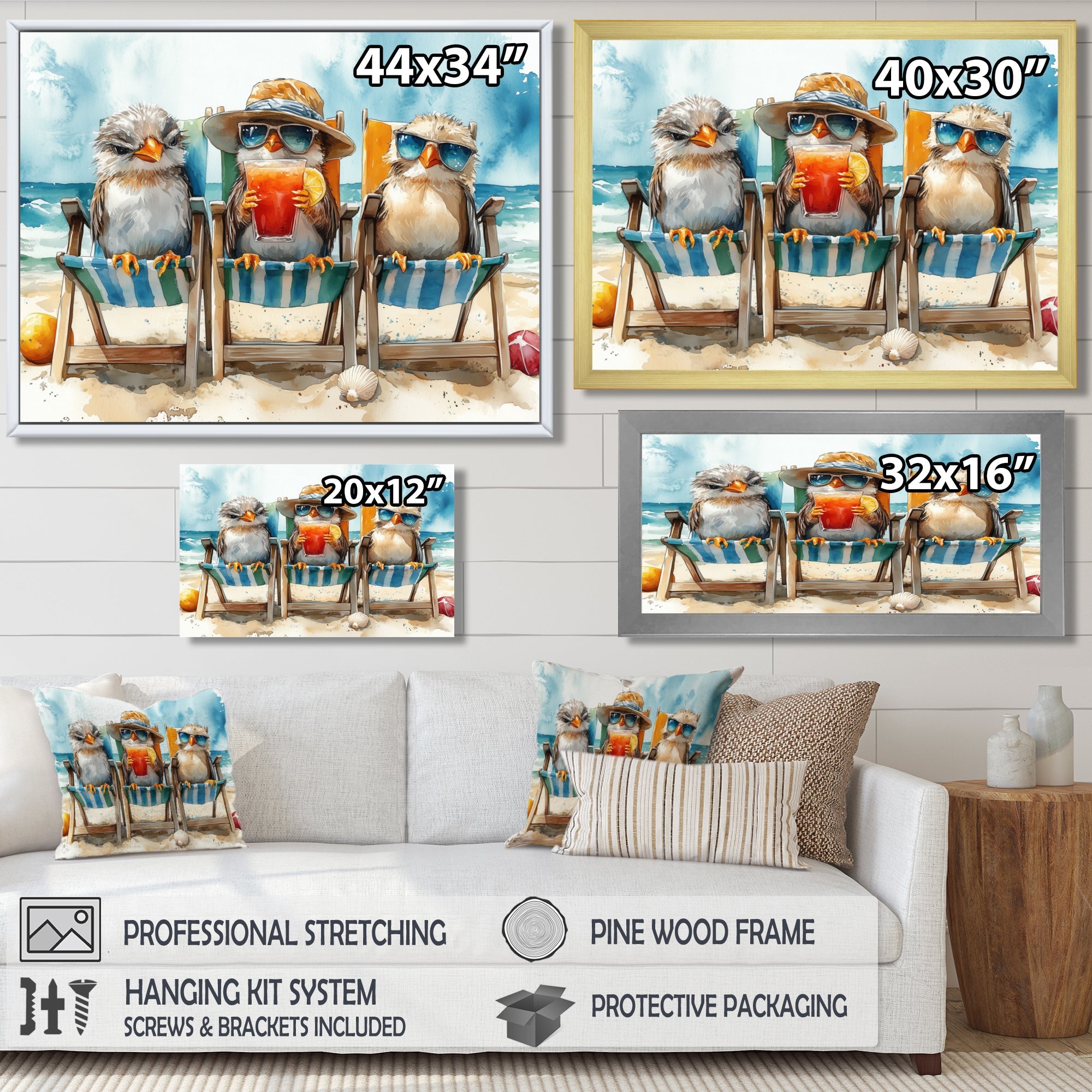 Canaries On The Beach Lounging Chair - Coastal Animal Living Room Wall Art