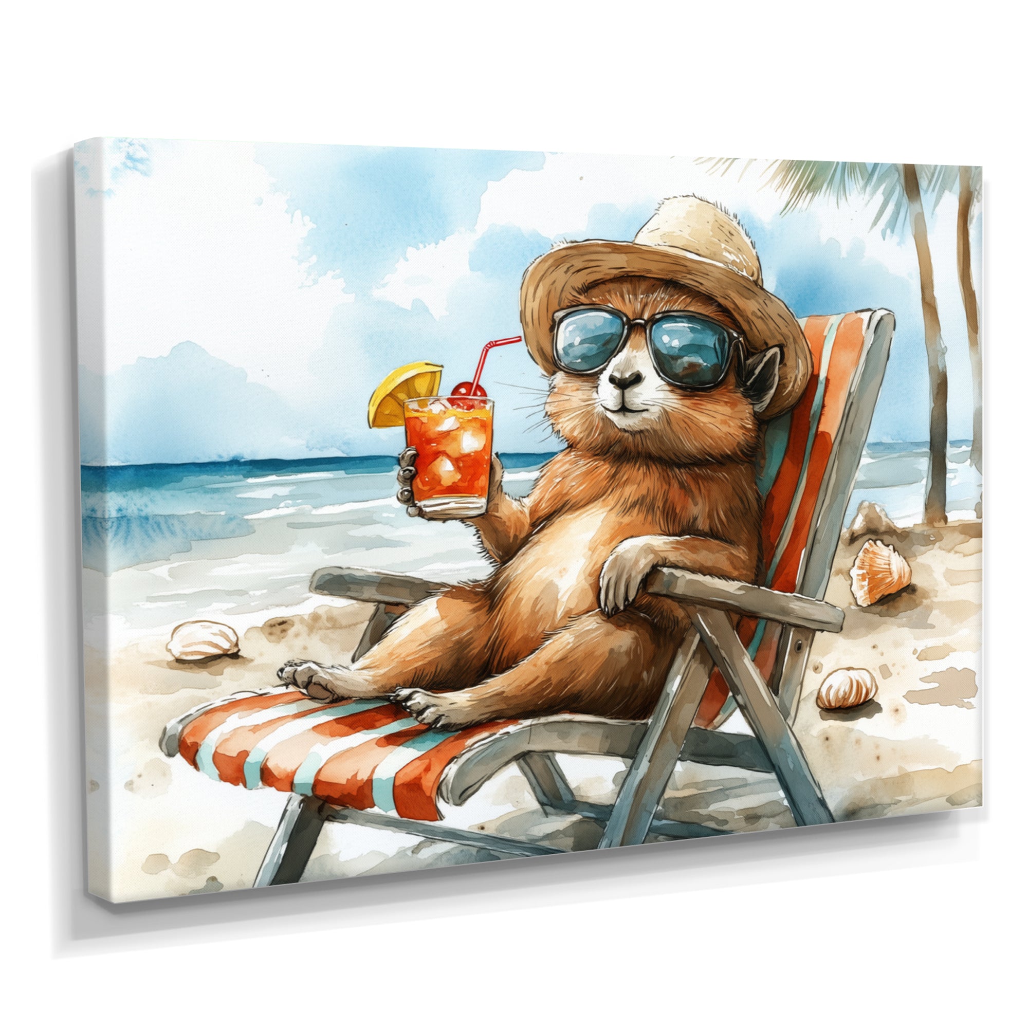 Chinchilla On The Beach Lounging - Coastal Animal Canvas Wall Art