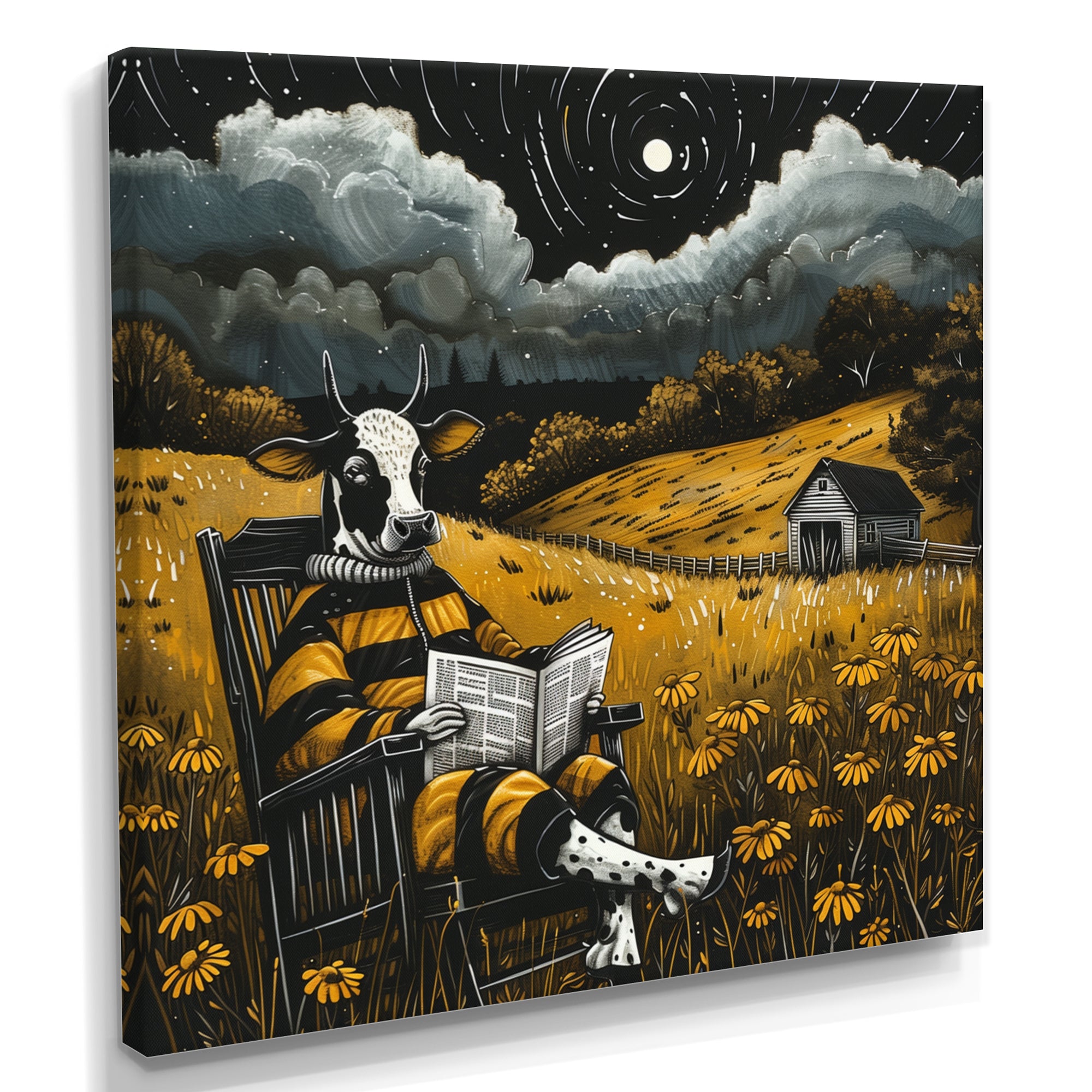 Cow Reading In The Meadow On A Rocking Chair - Cow Wall Decor