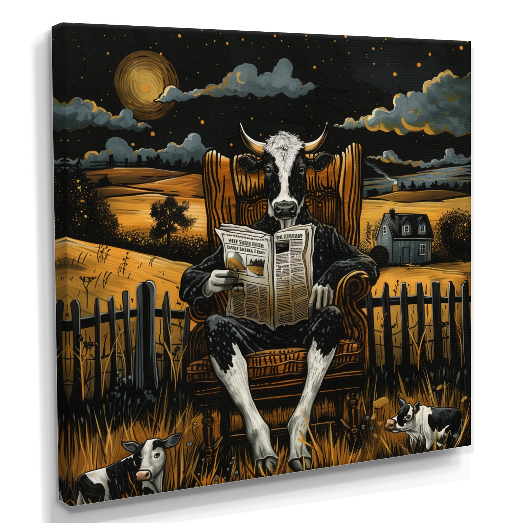 Cow Reading In The Meadow On A Chair - Cow Wall Art Prints