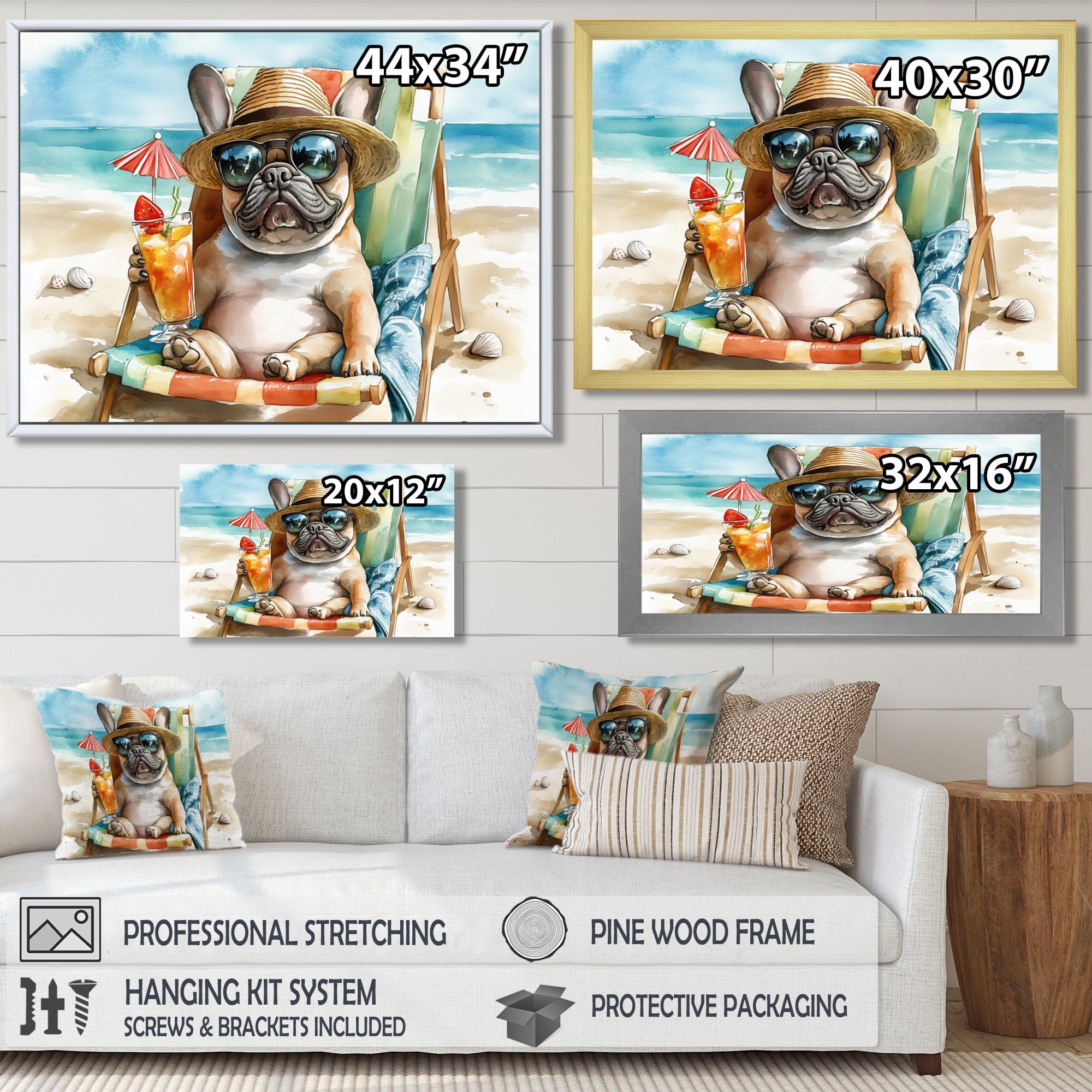 French Bulldog On The Beach Lounging - Brown Coastal Animal Wall Art