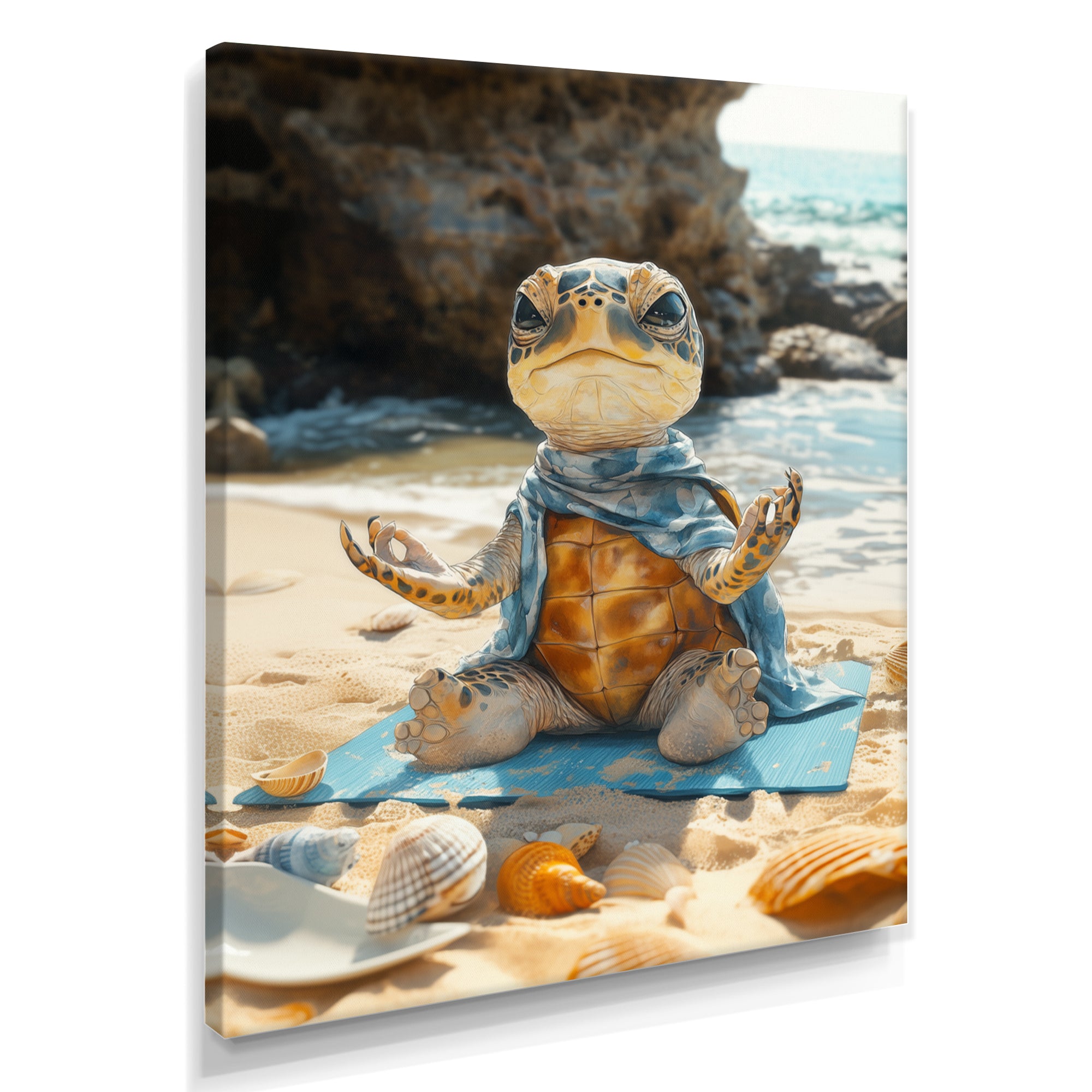 Turtle Beach Yoga In Caribbean - Coastal Animal Framed Canvas Art