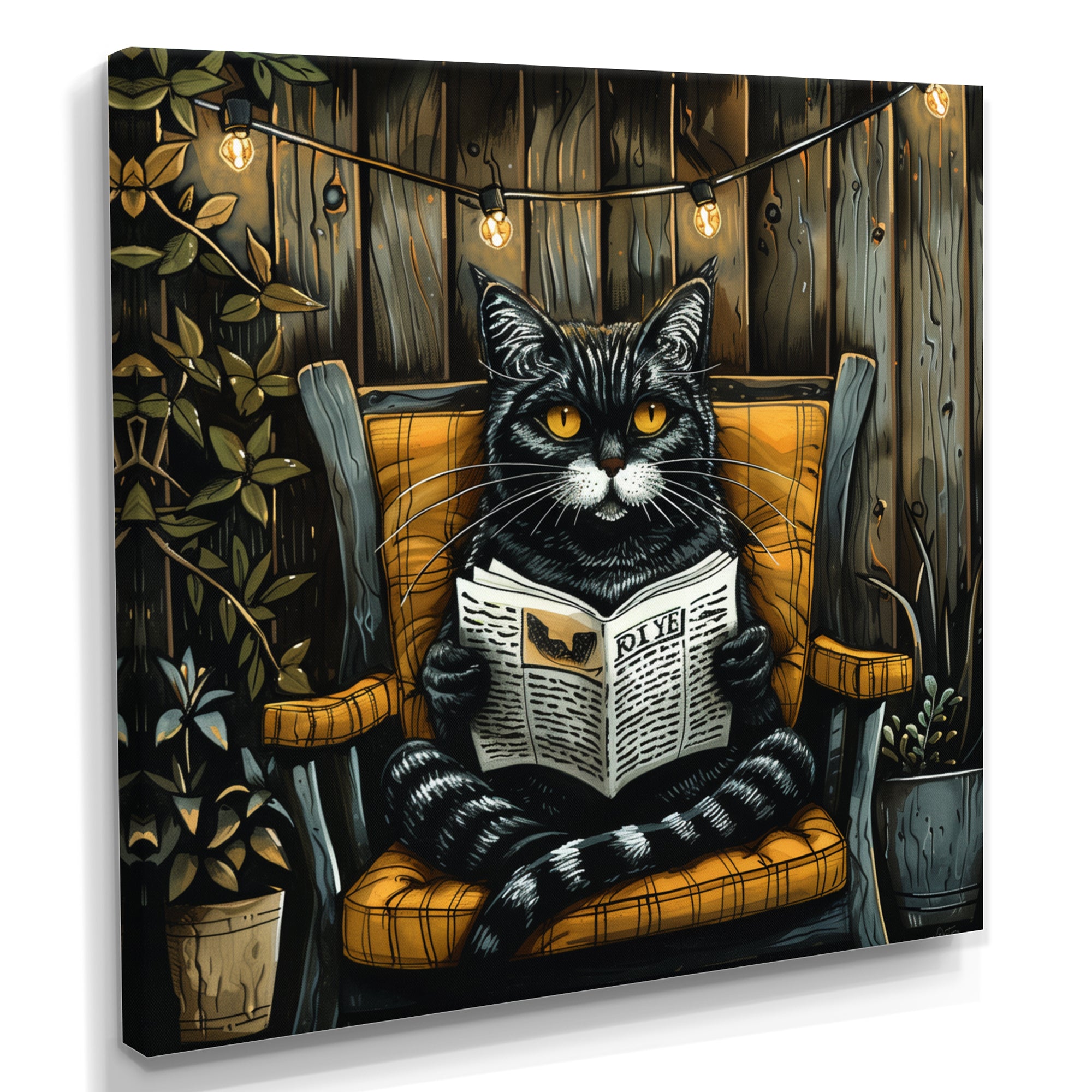 Gothic Cat Reading Newspaper On A Chair - Cat Large Canvas Wall Art
