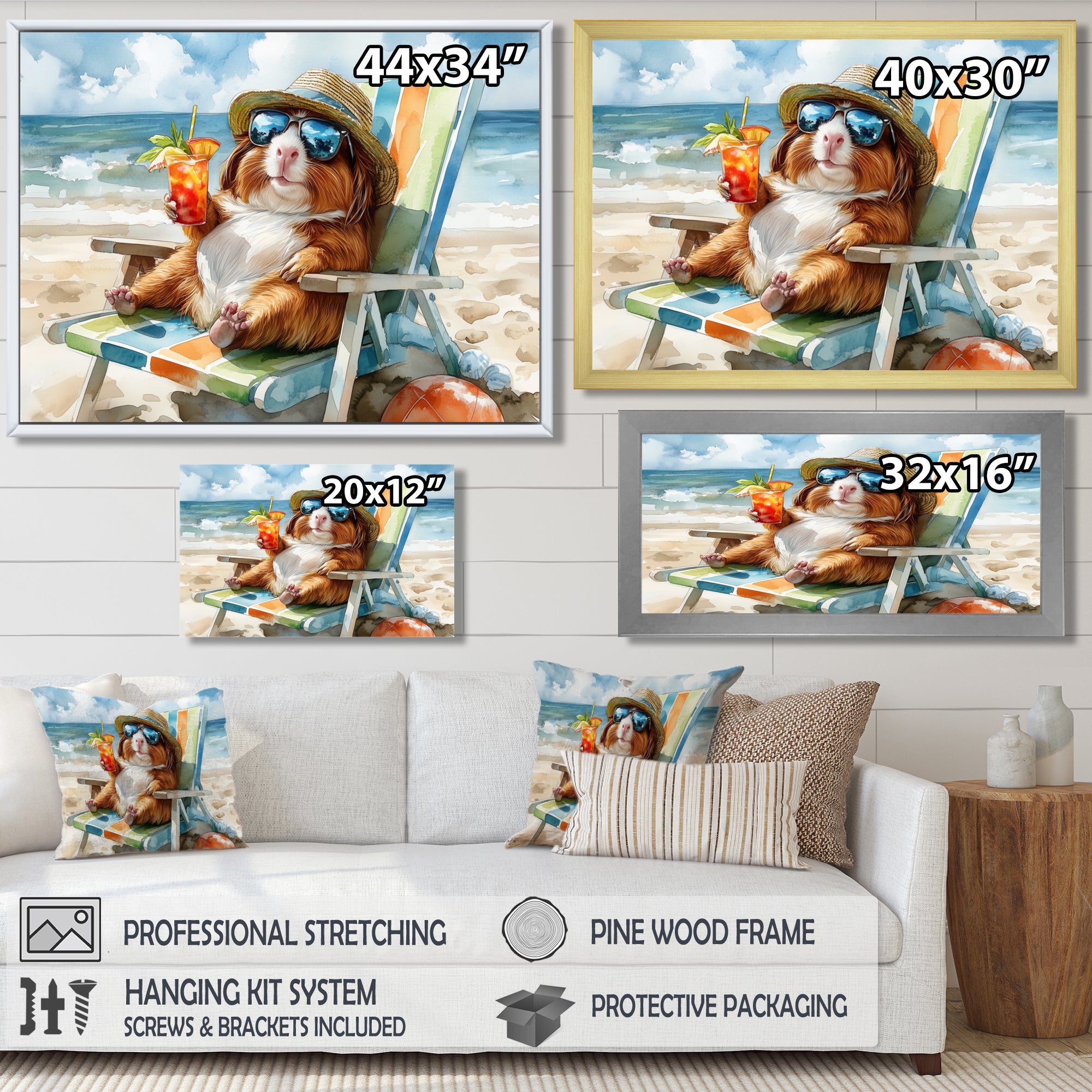Guinea Pig Beachside Lounging - Coastal Animal Home Decor Art