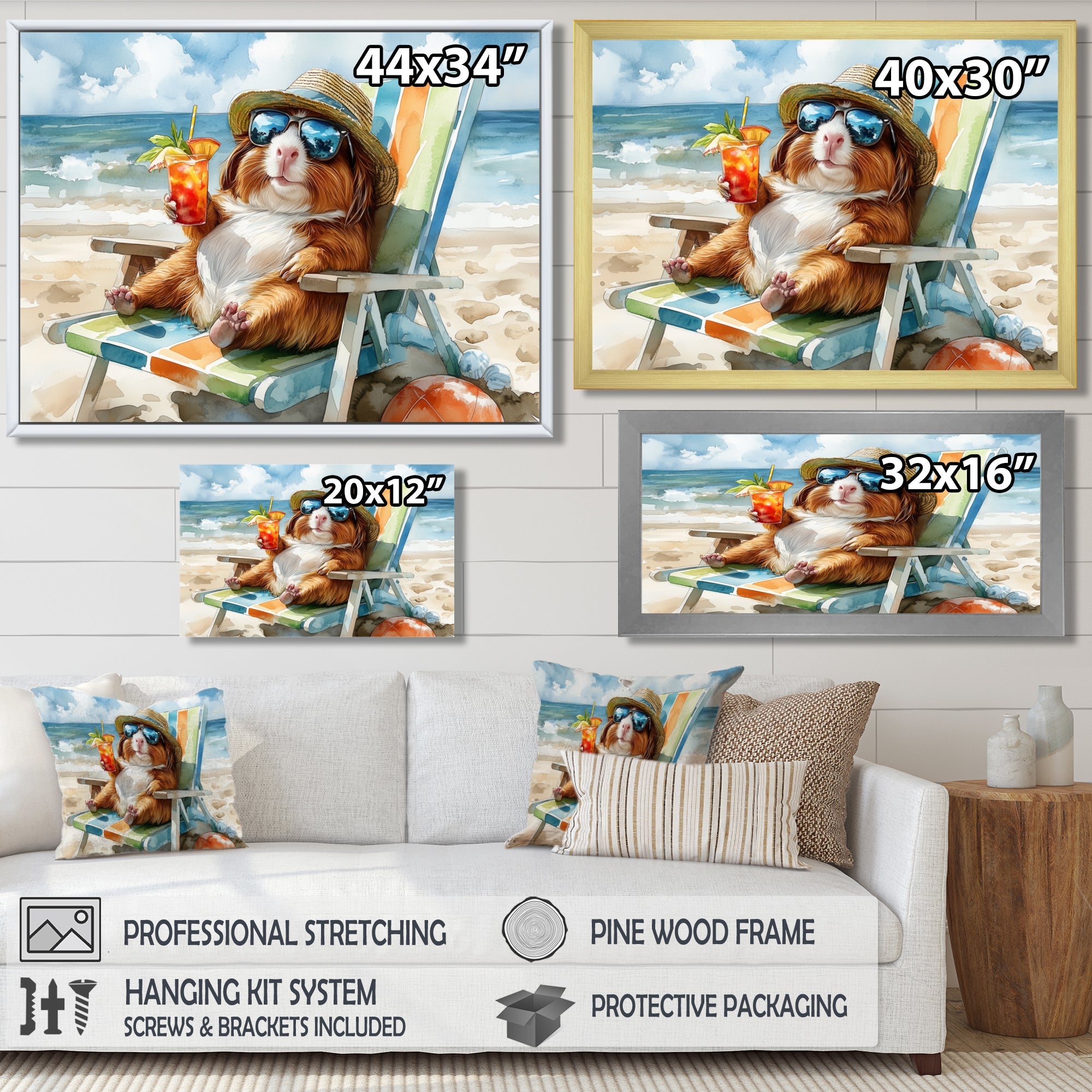 Guinea Pig Beachside Lounging - Coastal Animal Home Decor Art