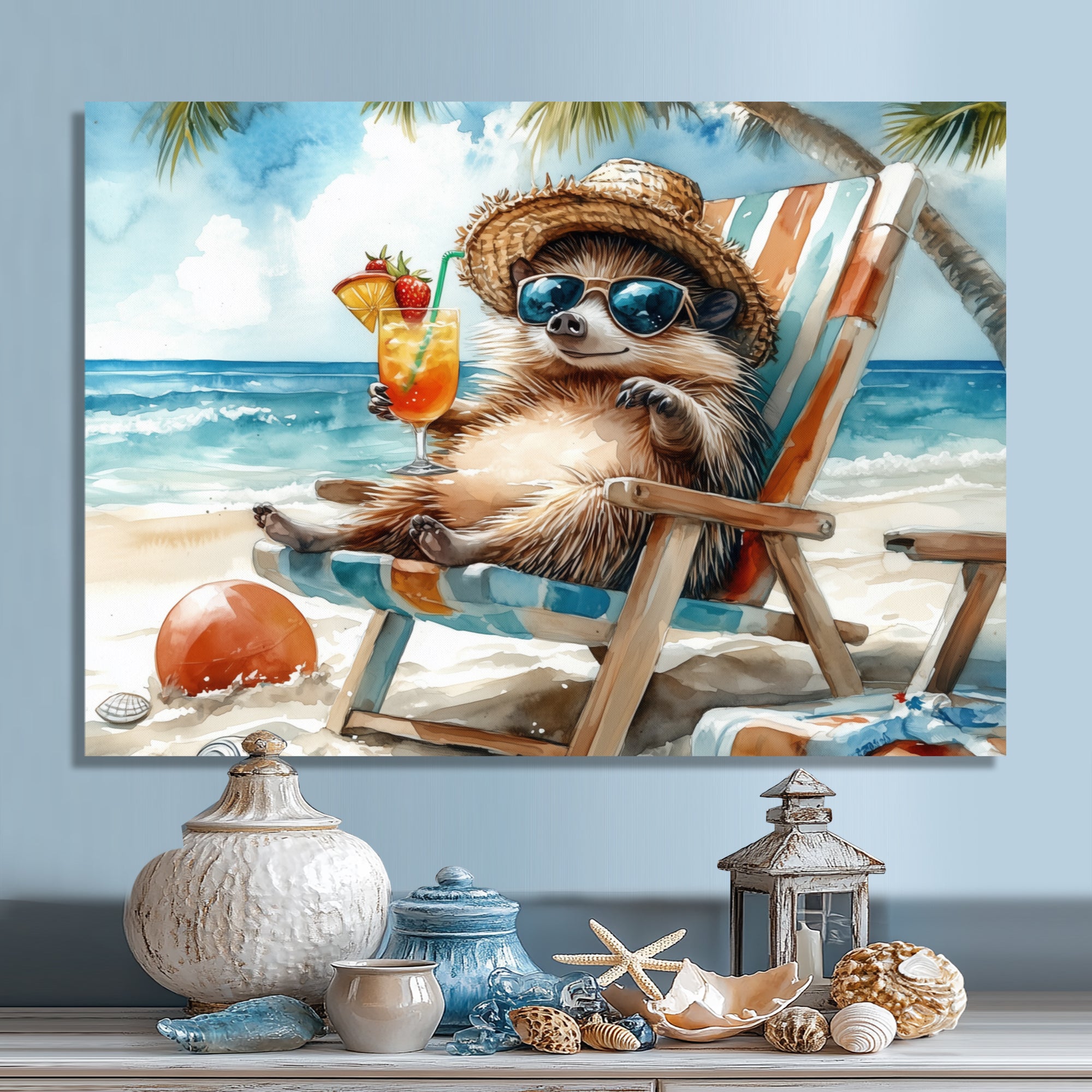 Hedgehog Beachside Lounging - Coastal Animal Living Room Wall Art