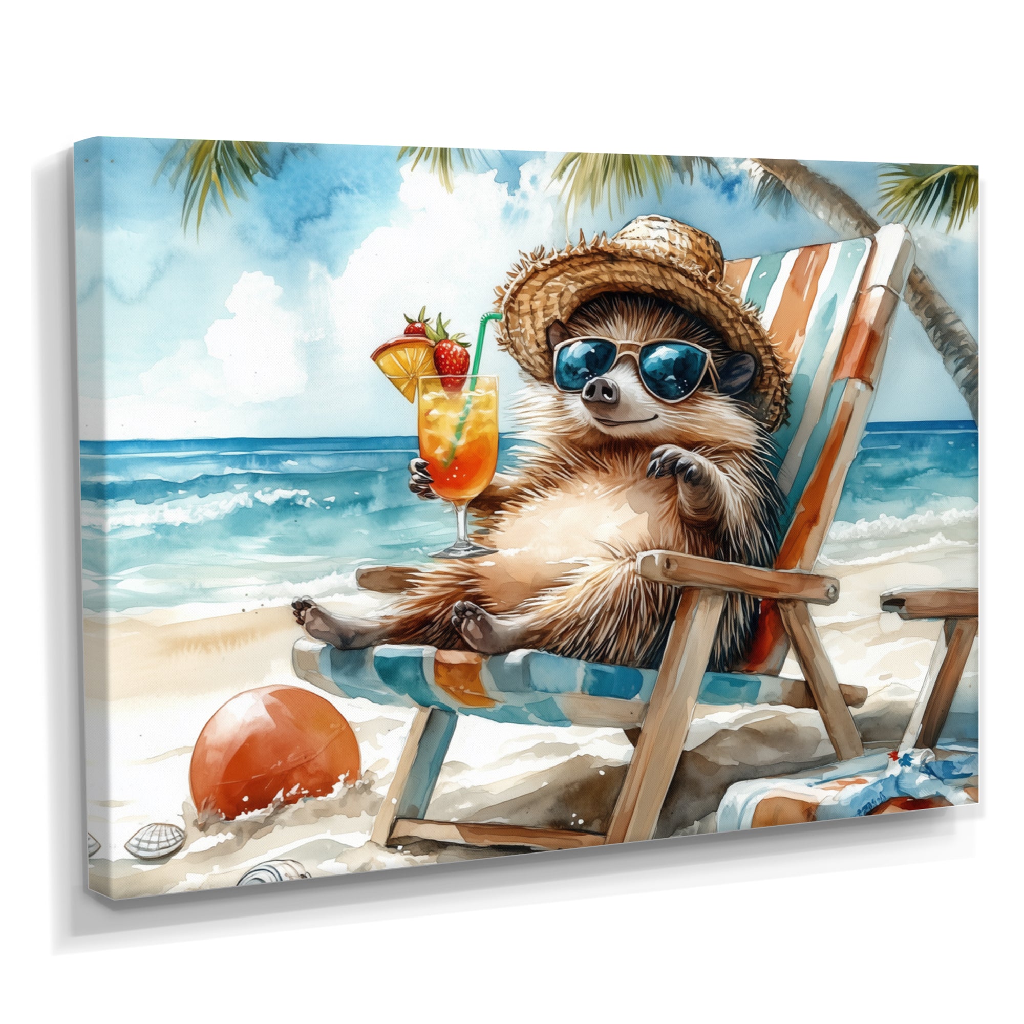 Hedgehog Beachside Lounging - Coastal Animal Living Room Wall Art