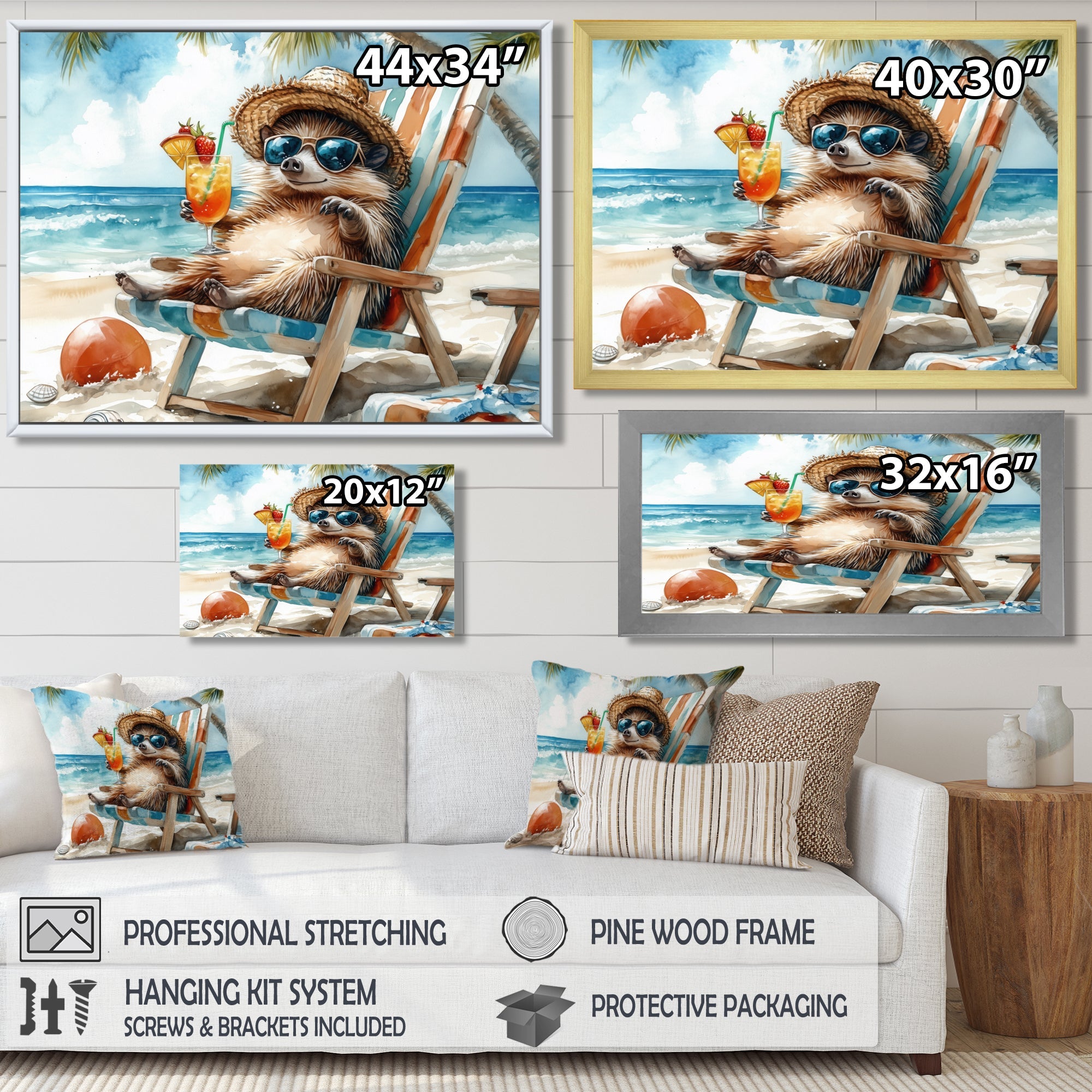 Hedgehog Beachside Lounging - Coastal Animal Living Room Wall Art