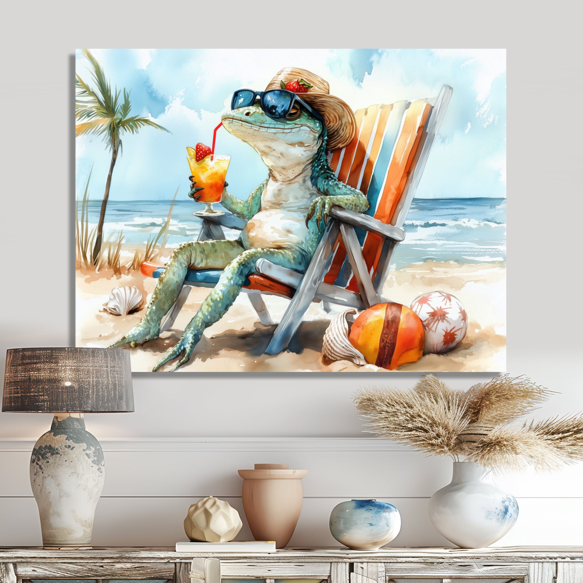 Lizard On A Beach Lounging Chair - Coastal Animal Canvas Wall Art