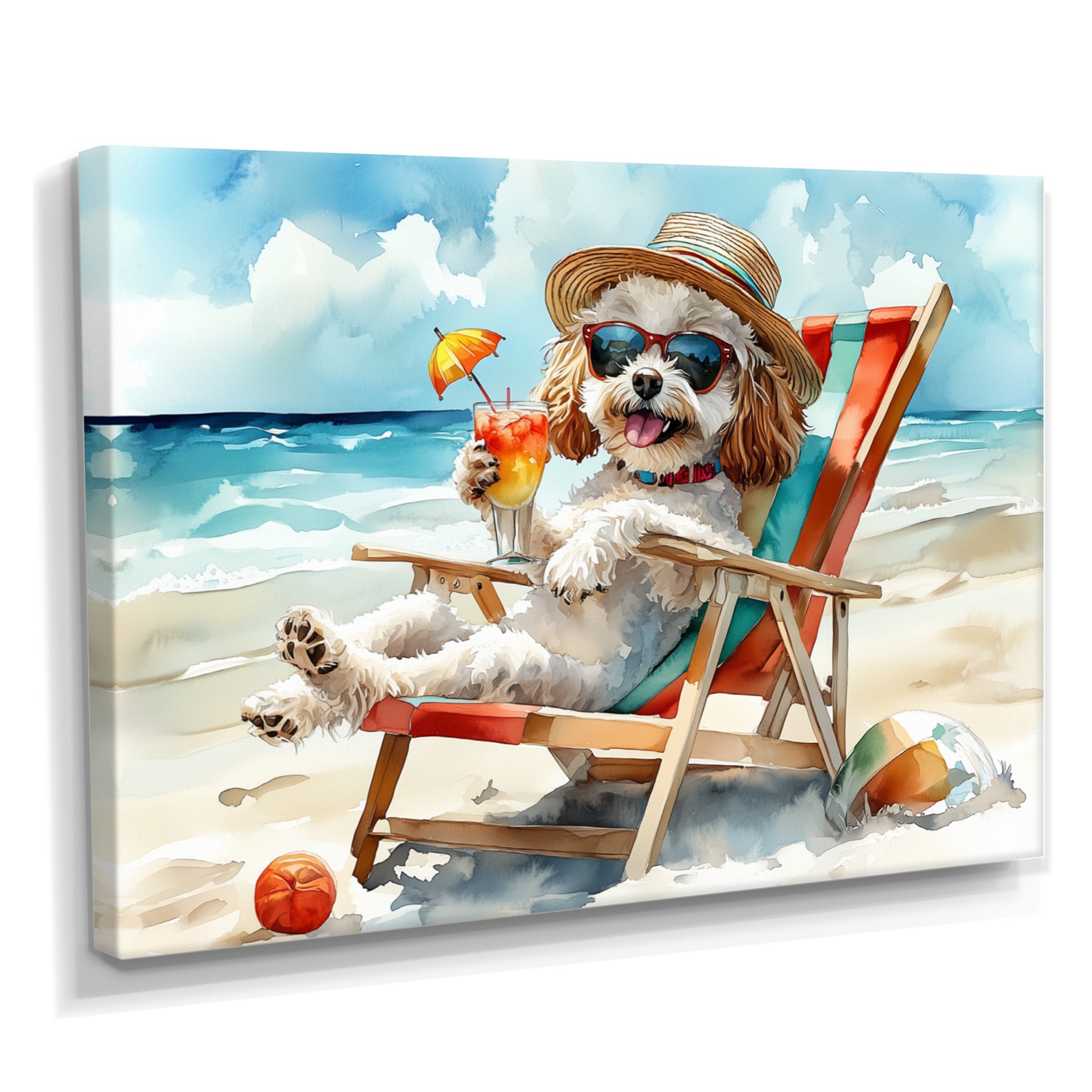 Grey Poodle Dog On The Beach Relaxing - Coastal Animal Wall Decor