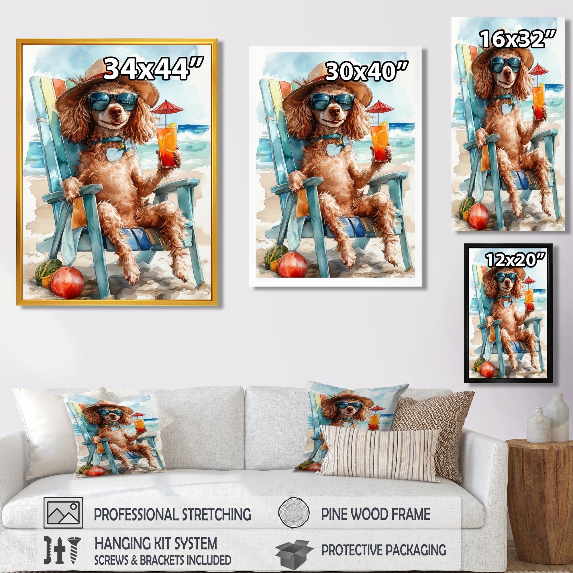Brown Poodle Dog On The Beach Relaxing - Coastal Animal Wall Art Prints