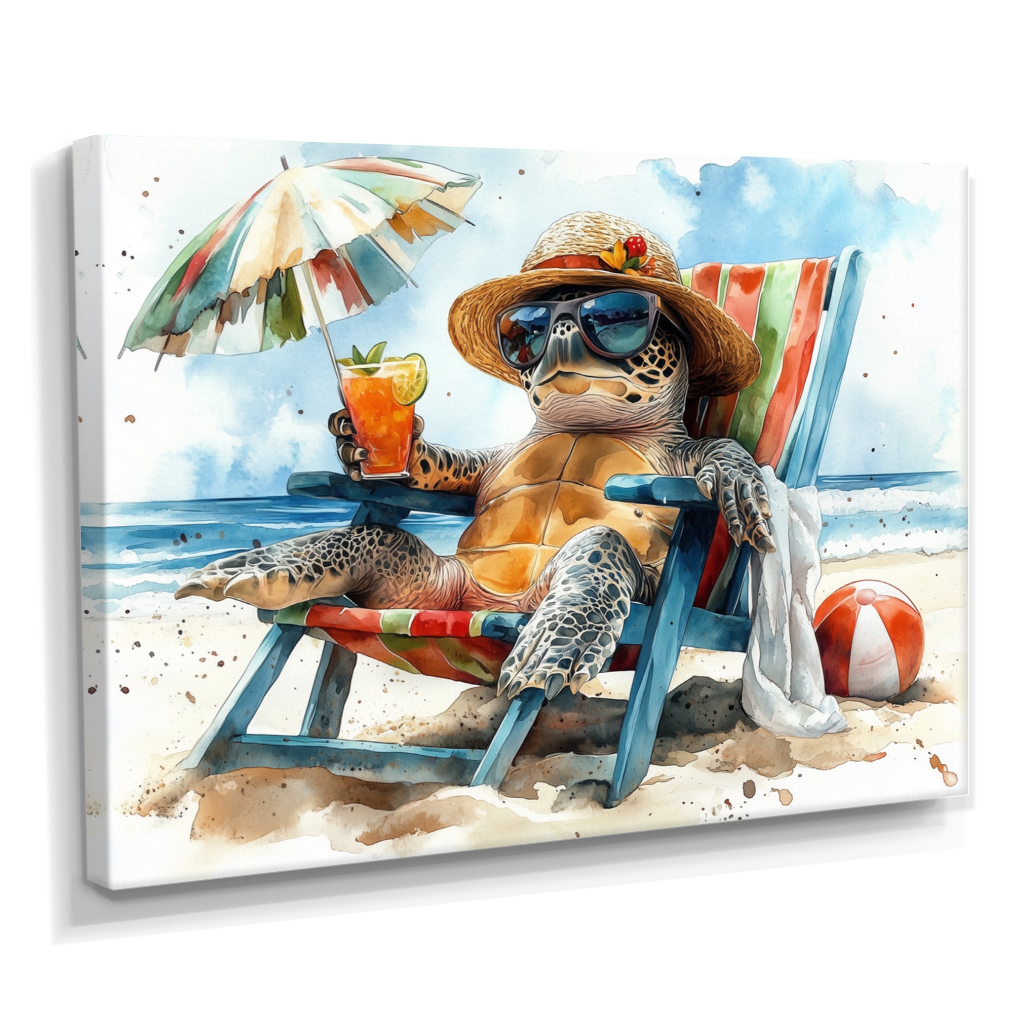 Turtle On The Beach Relaxing - Green Coastal Animal Wall Art