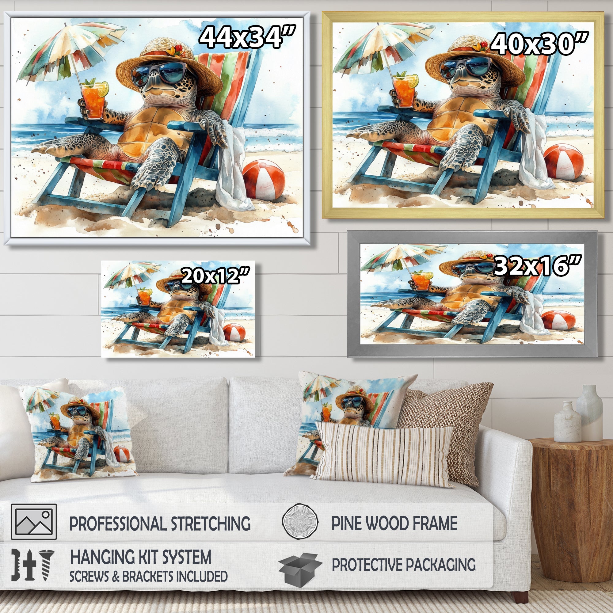 Turtle On The Beach Relaxing - Green Coastal Animal Wall Art