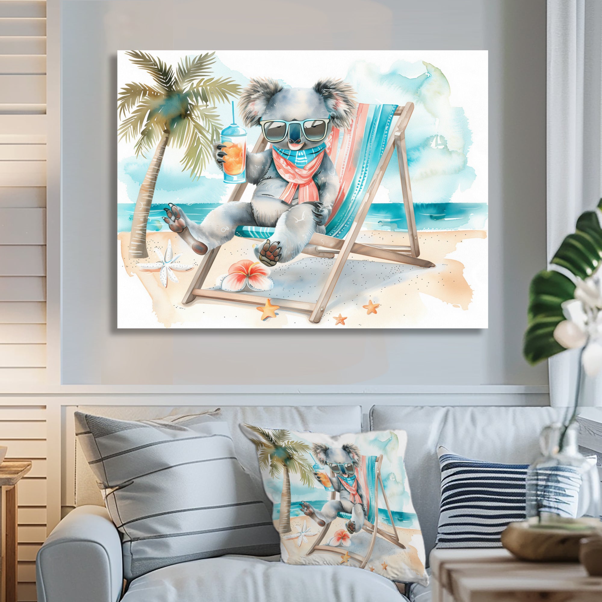 Cute Koala Beach Relaxing - Gray Coastal Animal Wall Art