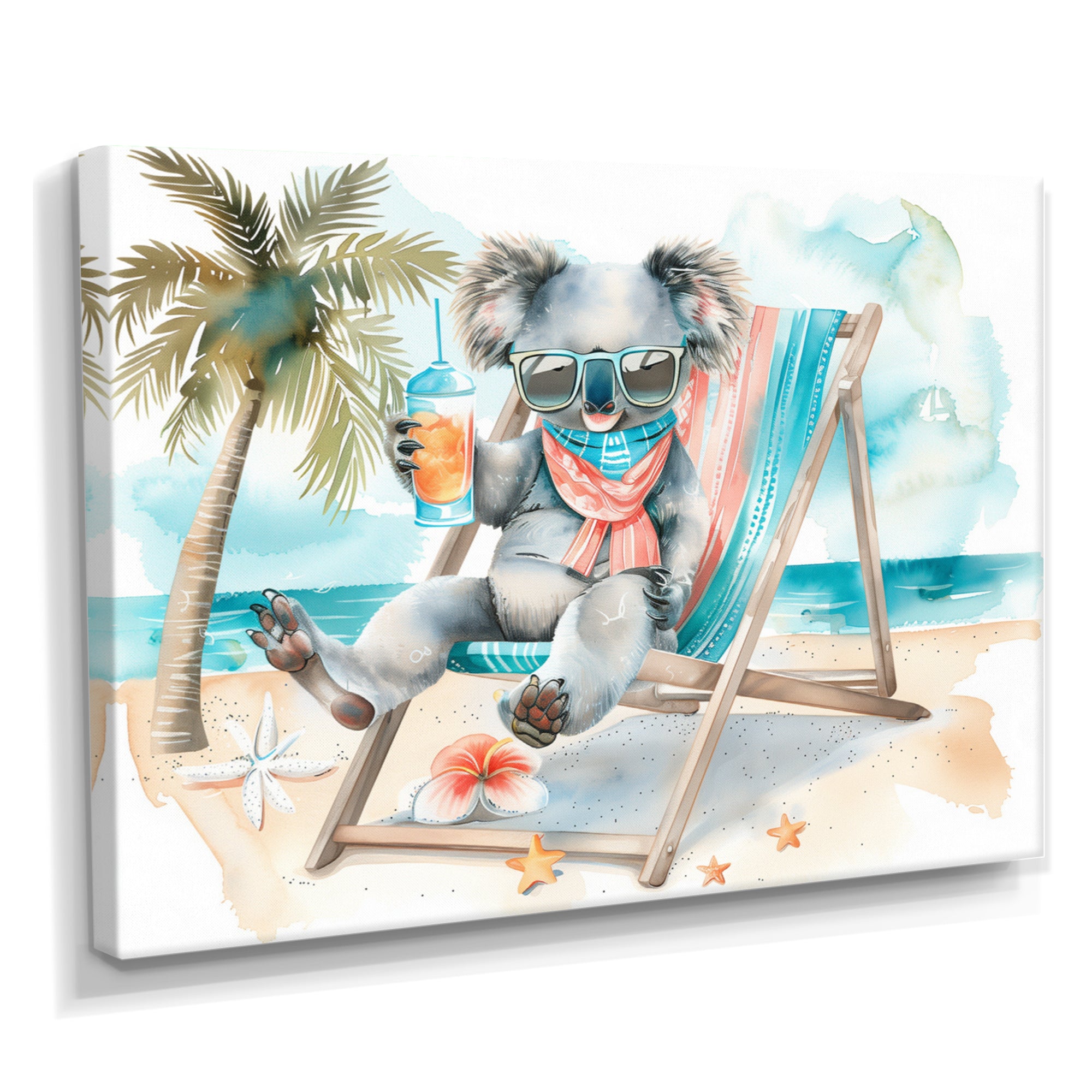 Cute Koala Beach Relaxing - Gray Coastal Animal Wall Art
