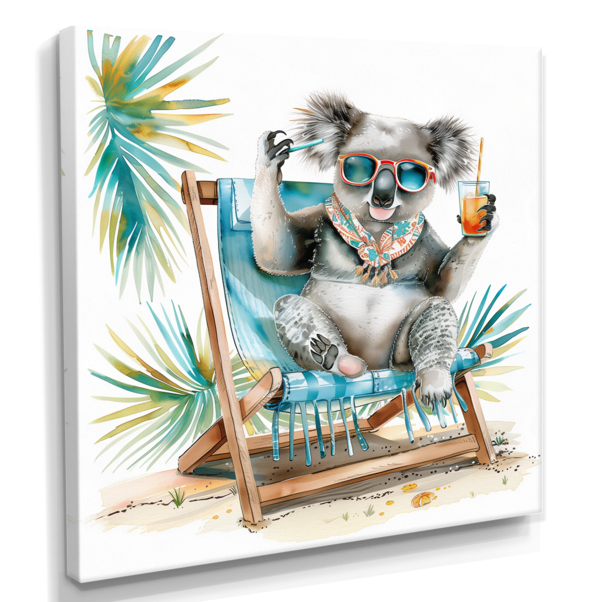 Cute Koala Beach Chair Relaxing - Gray Coastal Animal Wall Art