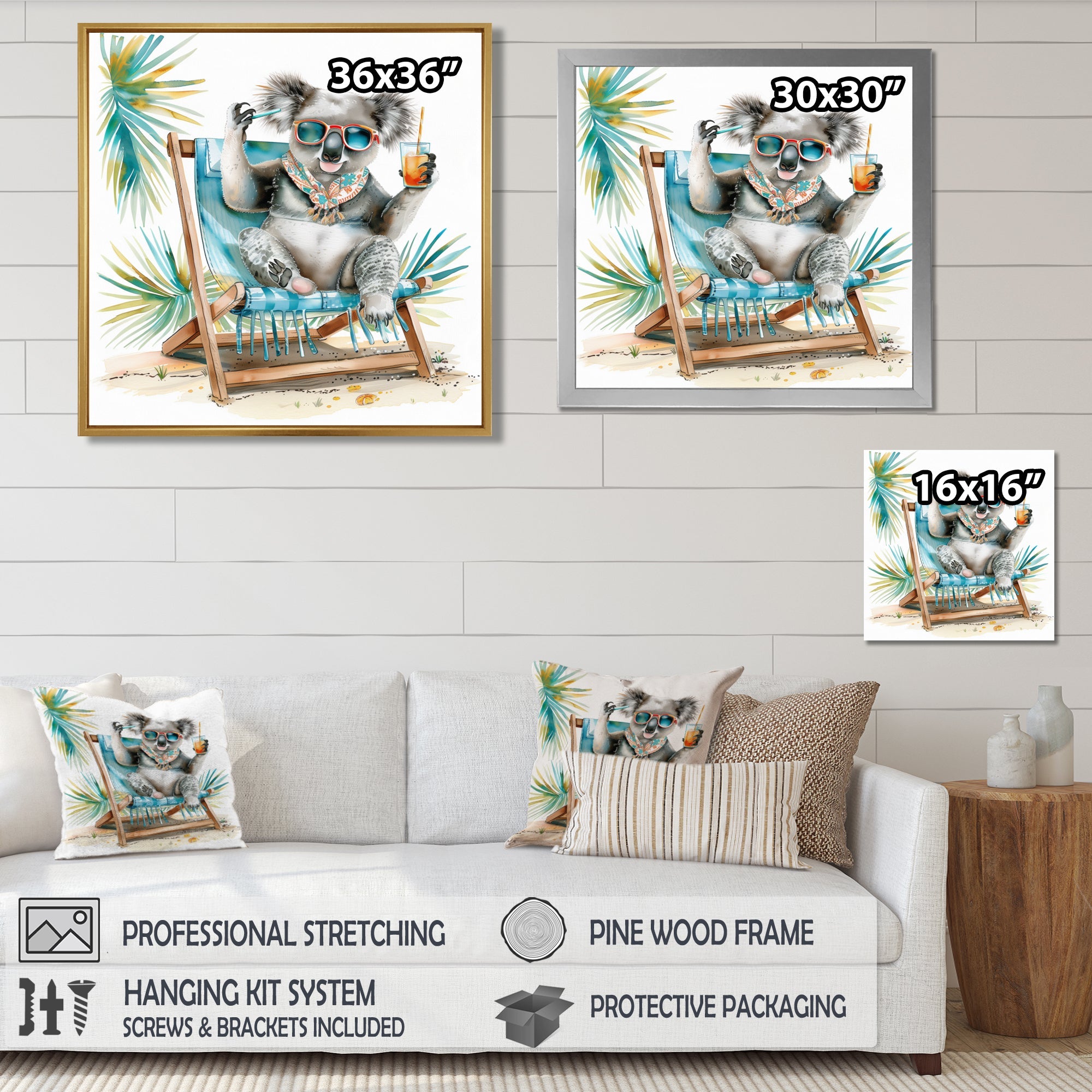 Cute Koala Beach Chair Relaxing - Gray Coastal Animal Wall Art