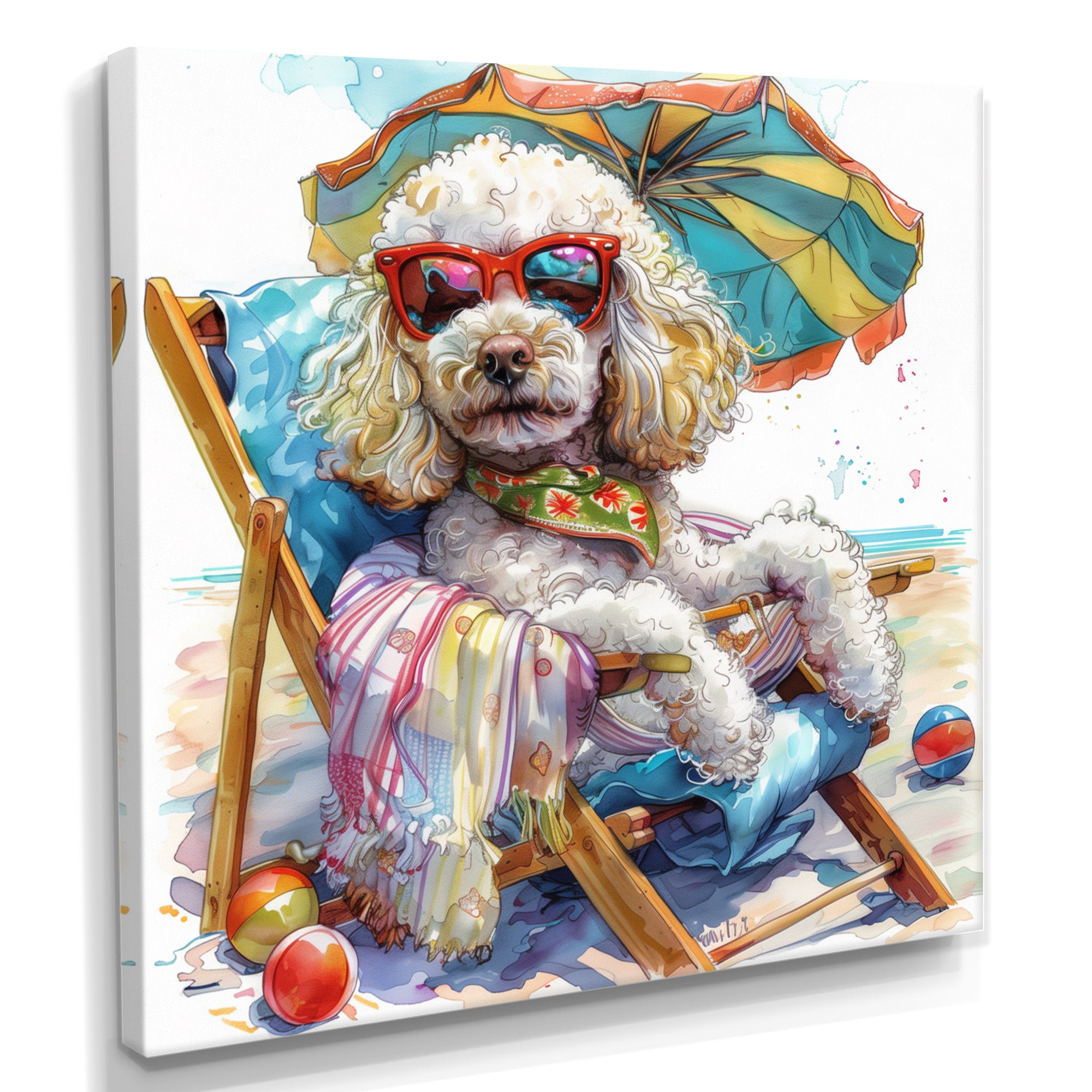 Poodle Dog Beach Relaxing Paradise - Coastal Animal Framed Canvas Art