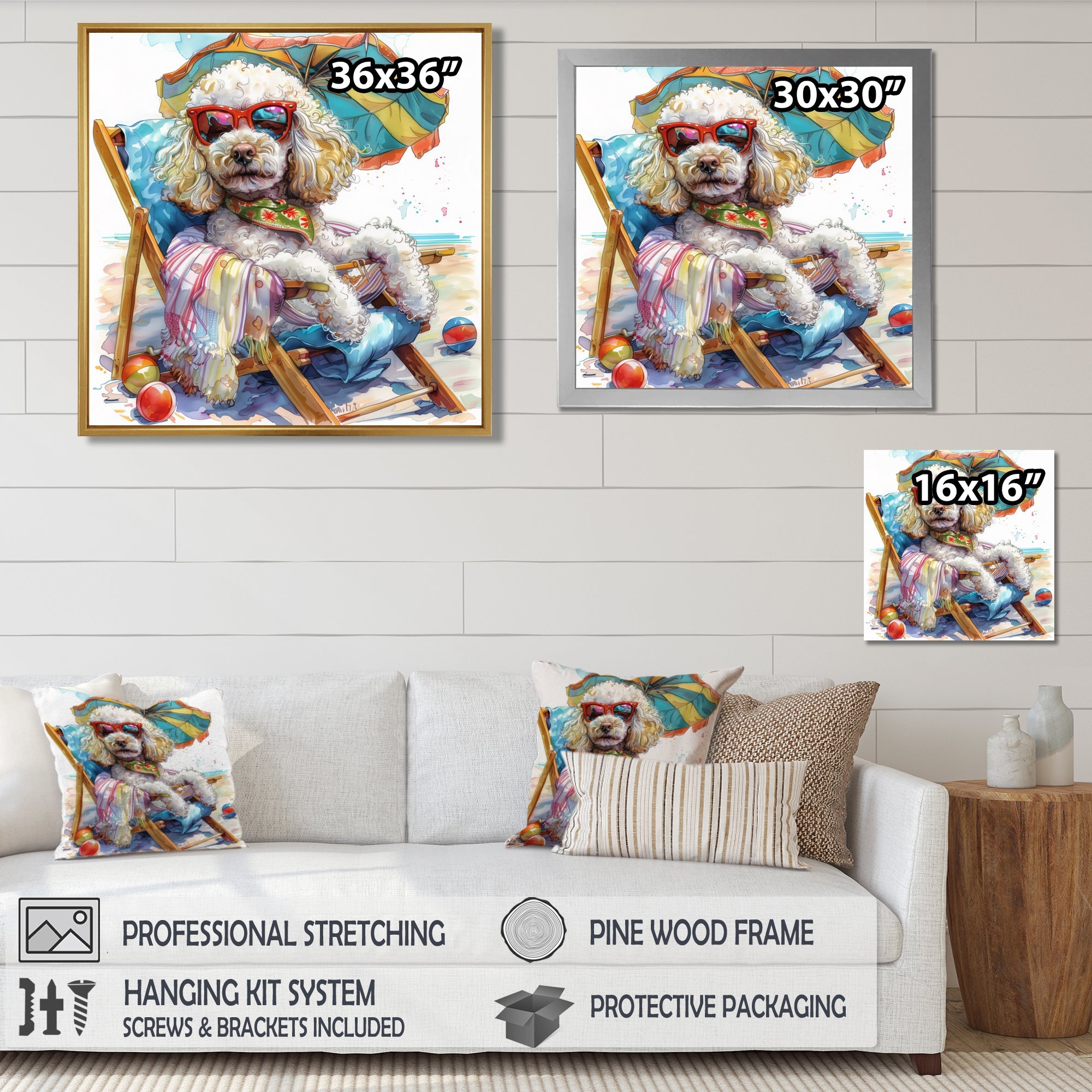 Poodle Dog Beach Relaxing Paradise - Coastal Animal Framed Canvas Art
