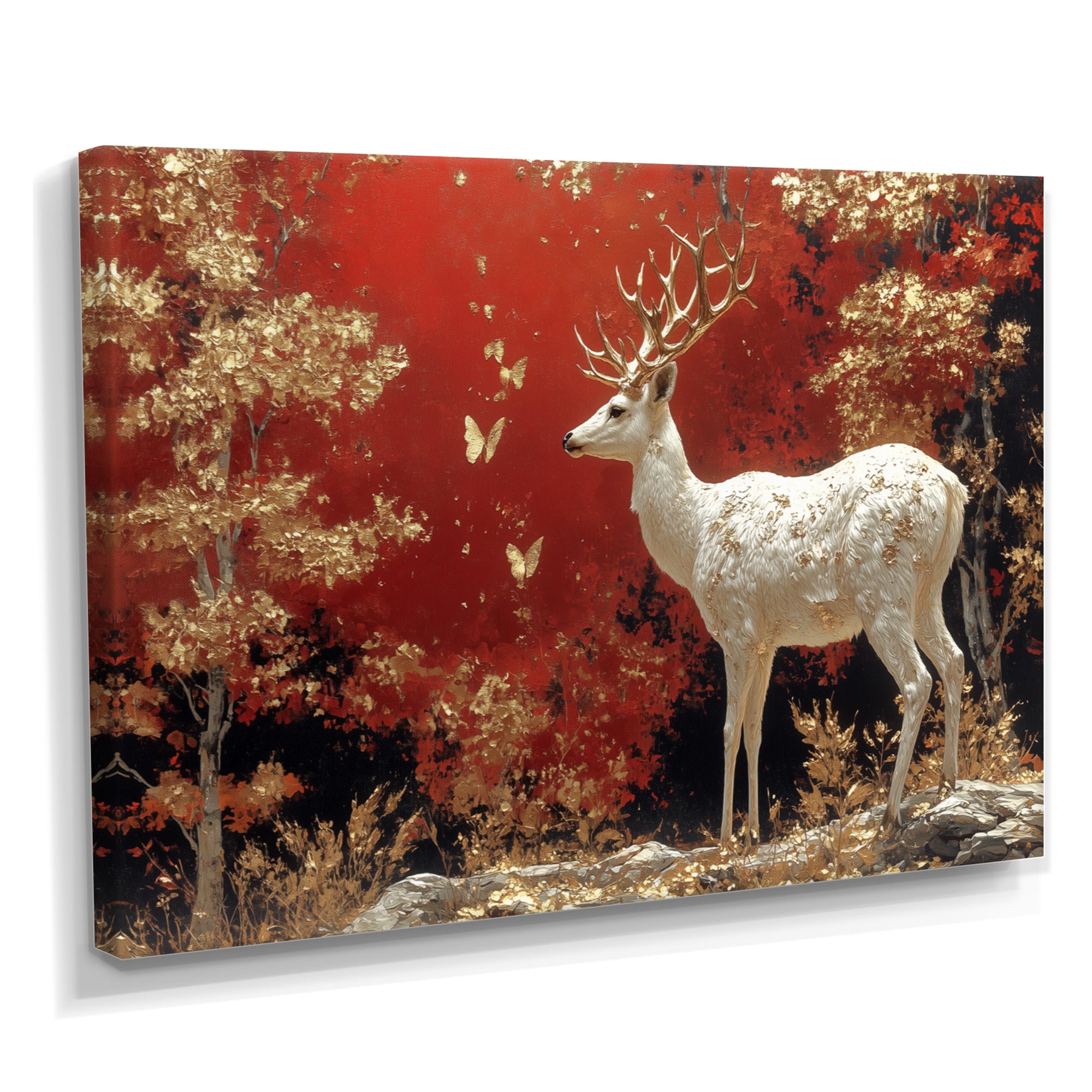 Gold And Red Scandinavian Deer Landscape - Deer Canvas Wall Art