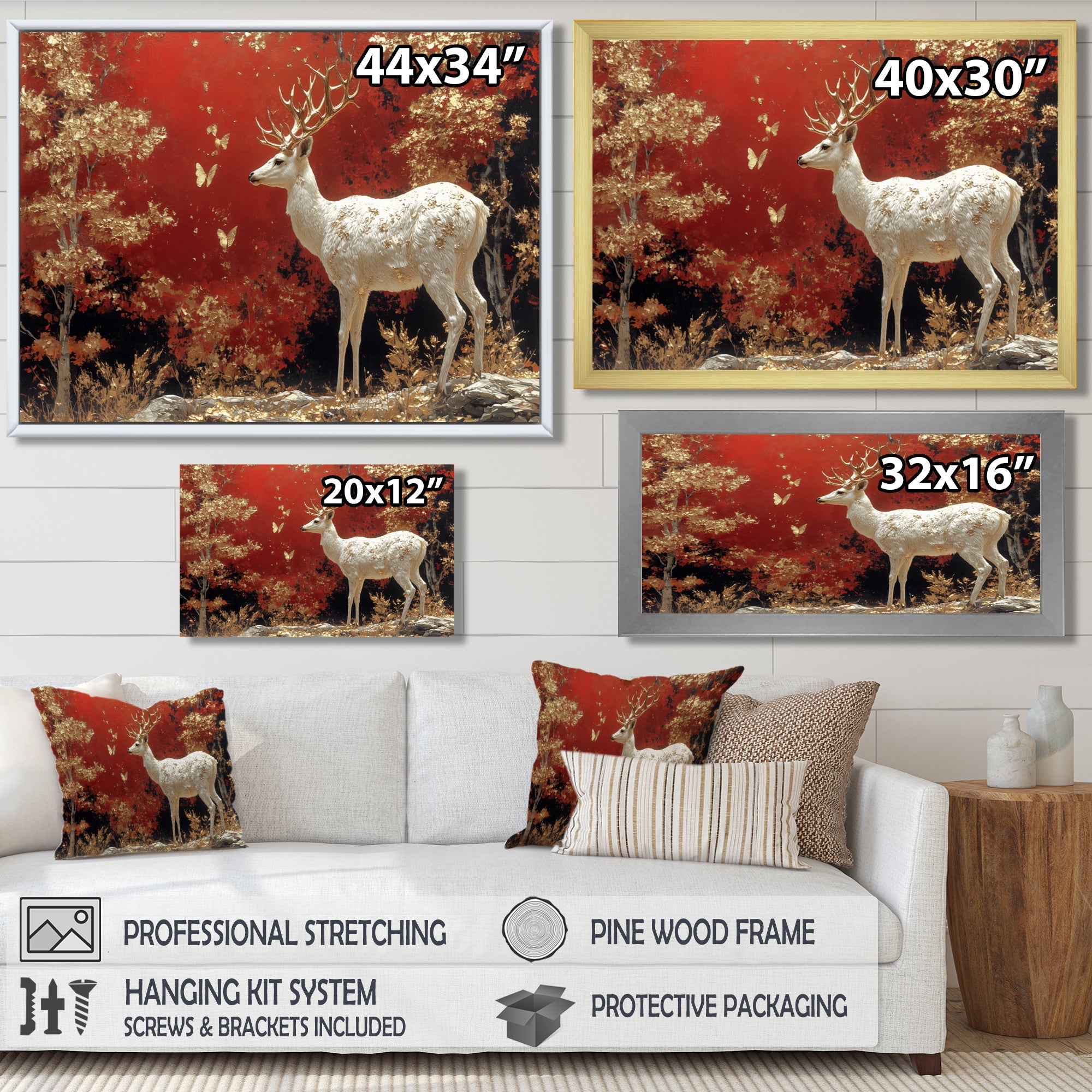 Gold And Red Scandinavian Deer Landscape - Deer Canvas Wall Art