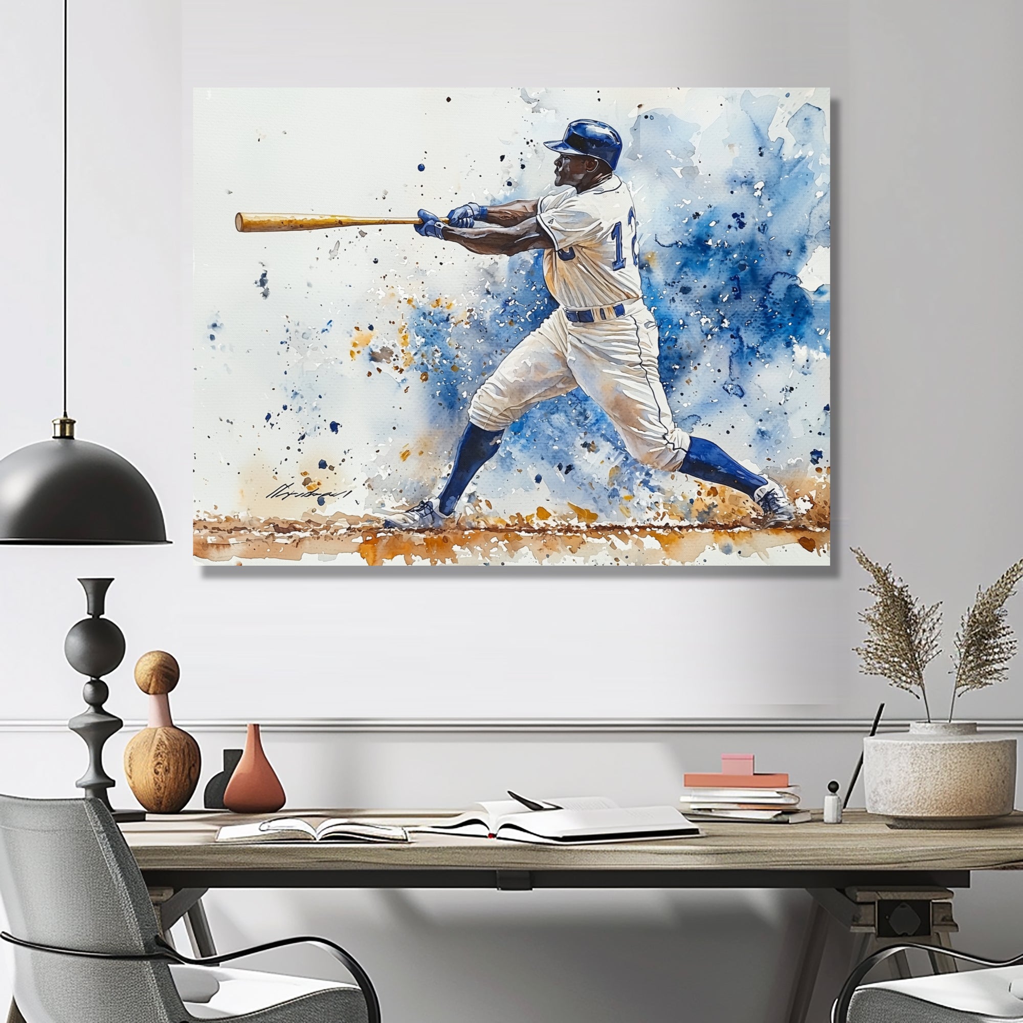 White Blue Baseball Player Hitting A Foul Ball - Sport Baseball Canvas Wall Art