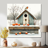 Grey And Orange Bird House Winter Wonderland - Bird House Wall Art Prints