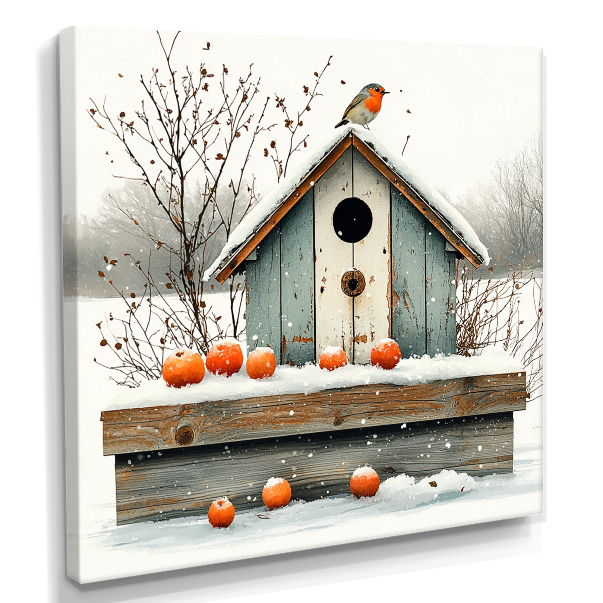 Grey And Orange Bird House Winter Wonderland - Bird House Wall Art Prints