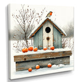 Grey And Orange Bird House Winter Wonderland - Bird House Wall Art Prints