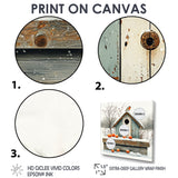 Grey And Orange Bird House Winter Wonderland - Bird House Wall Art Prints