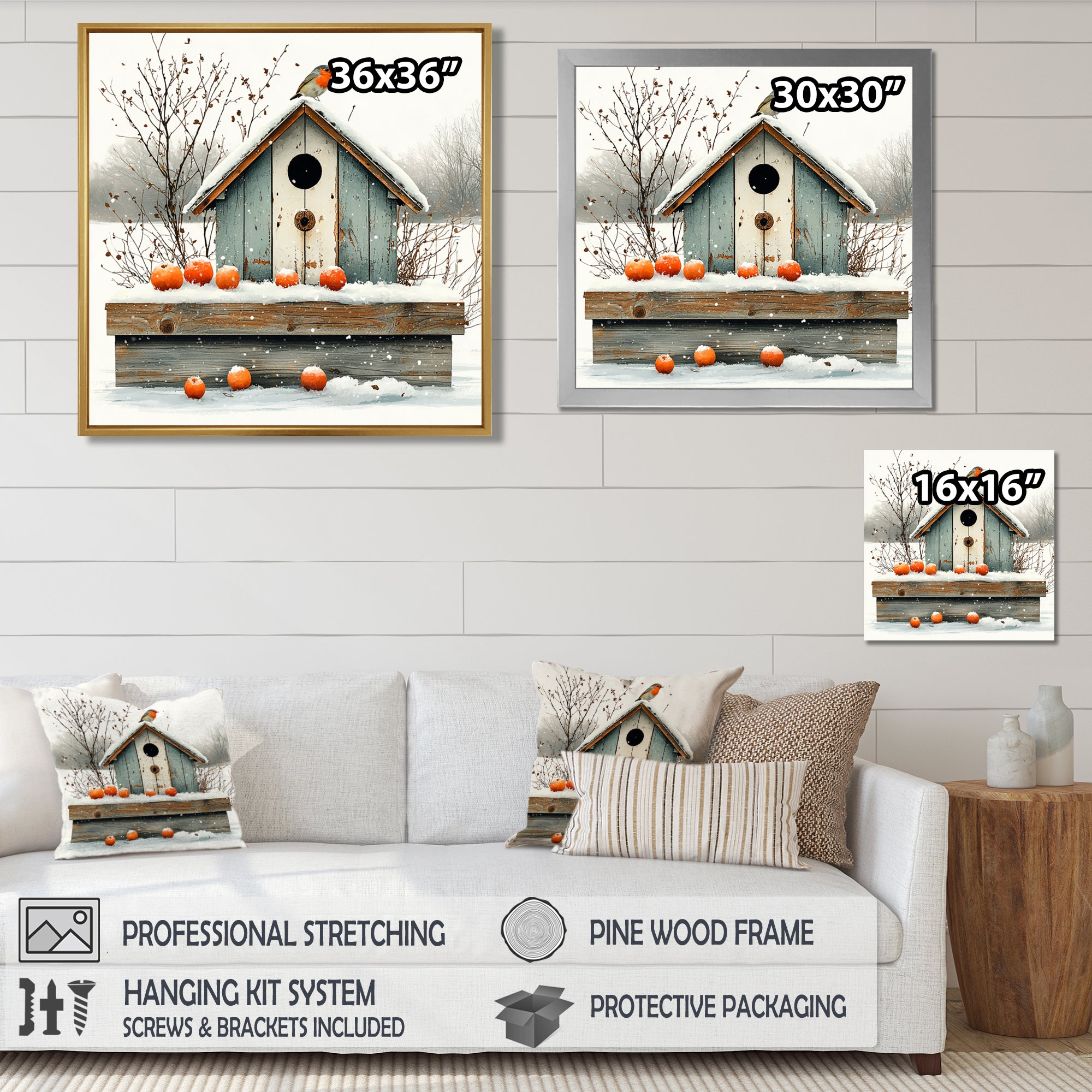Grey And Orange Bird House Winter Wonderland - Bird House Wall Art Prints