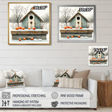 Grey And Orange Bird House Winter Wonderland - Bird House Wall Art Prints