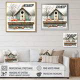 Grey And Orange Bird House Winter Wonderland - Bird House Wall Art Prints