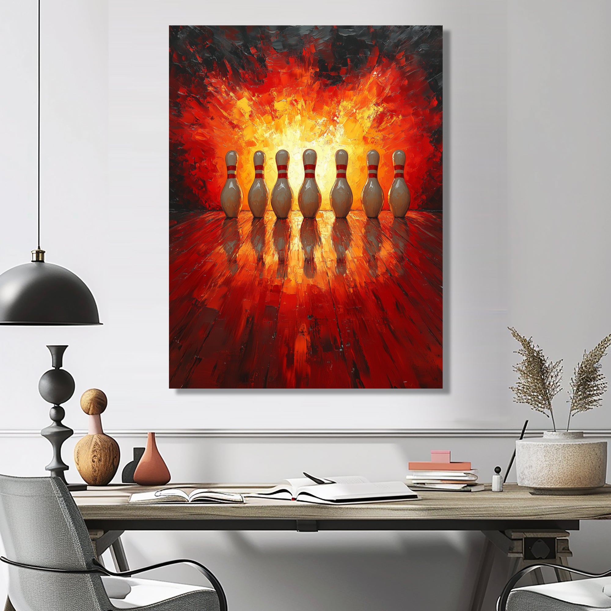 Yellow And Red Bowling Pin Topple - Bowling Canvas Wall Art