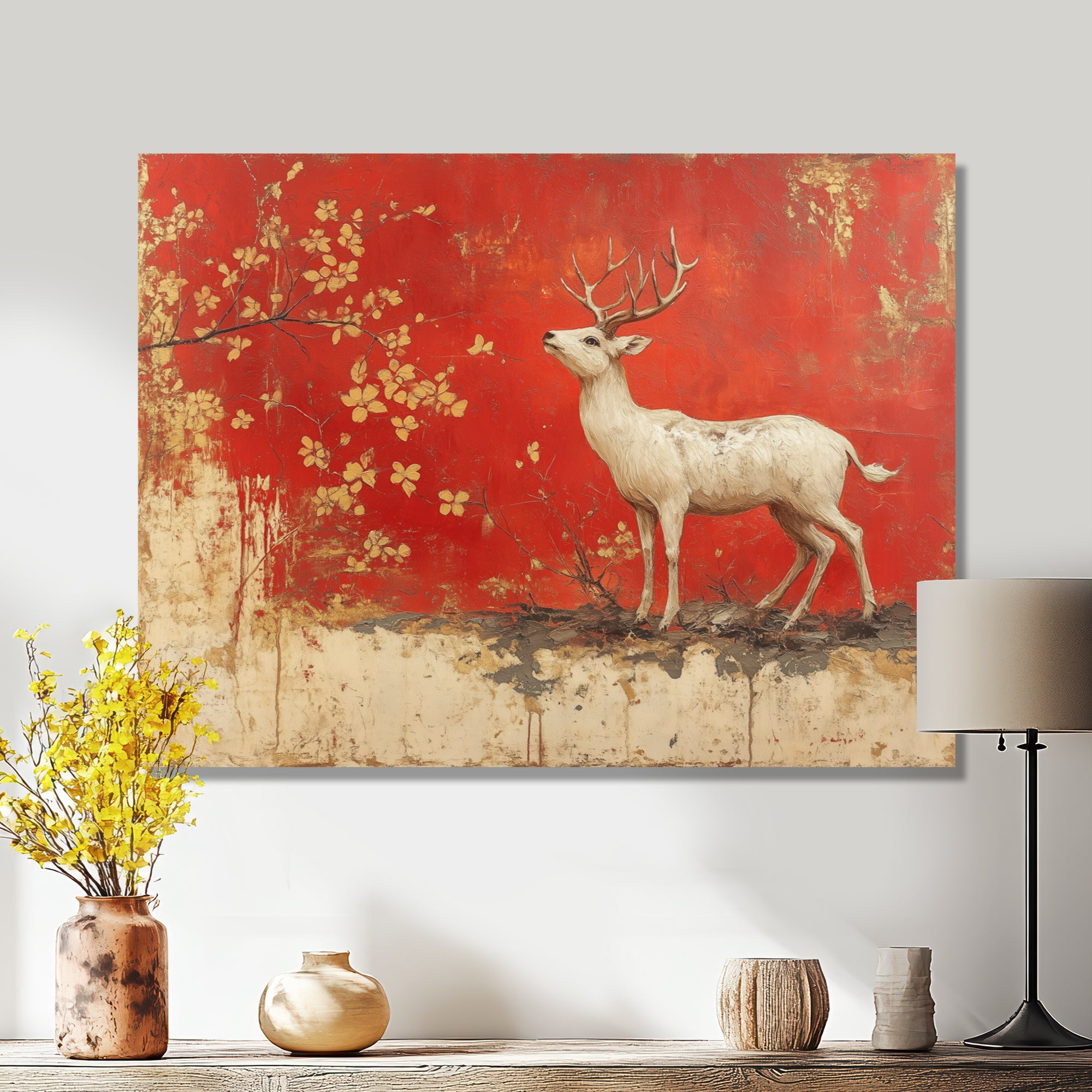 White And Red Deer Chinese Zodiac - Deer Living Room Wall Art