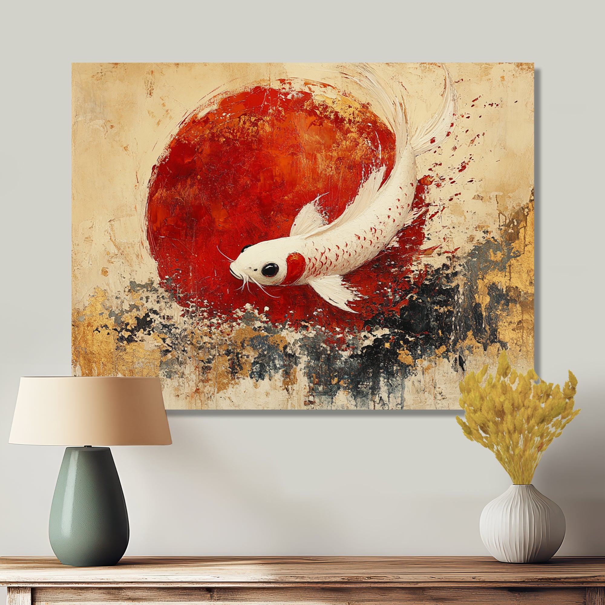 White And Red Koi Fish Chinese Zodiac - Koi's Fish Bedroom Wall Art