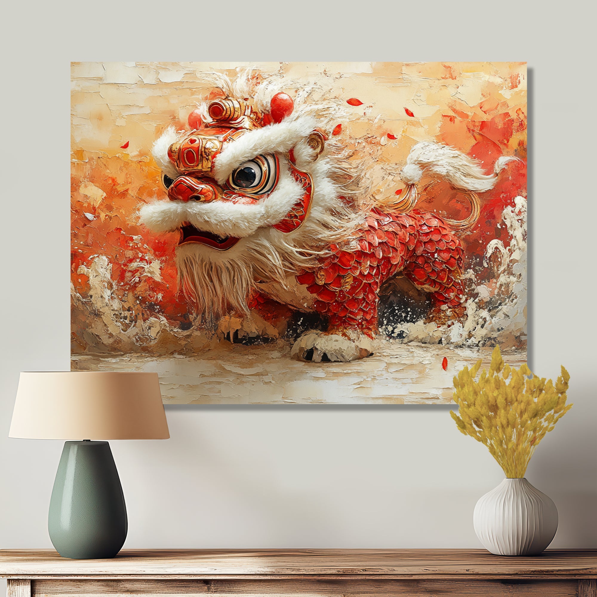 Red And White Dragons Lion Dance - Dragons Canvas Wall Art