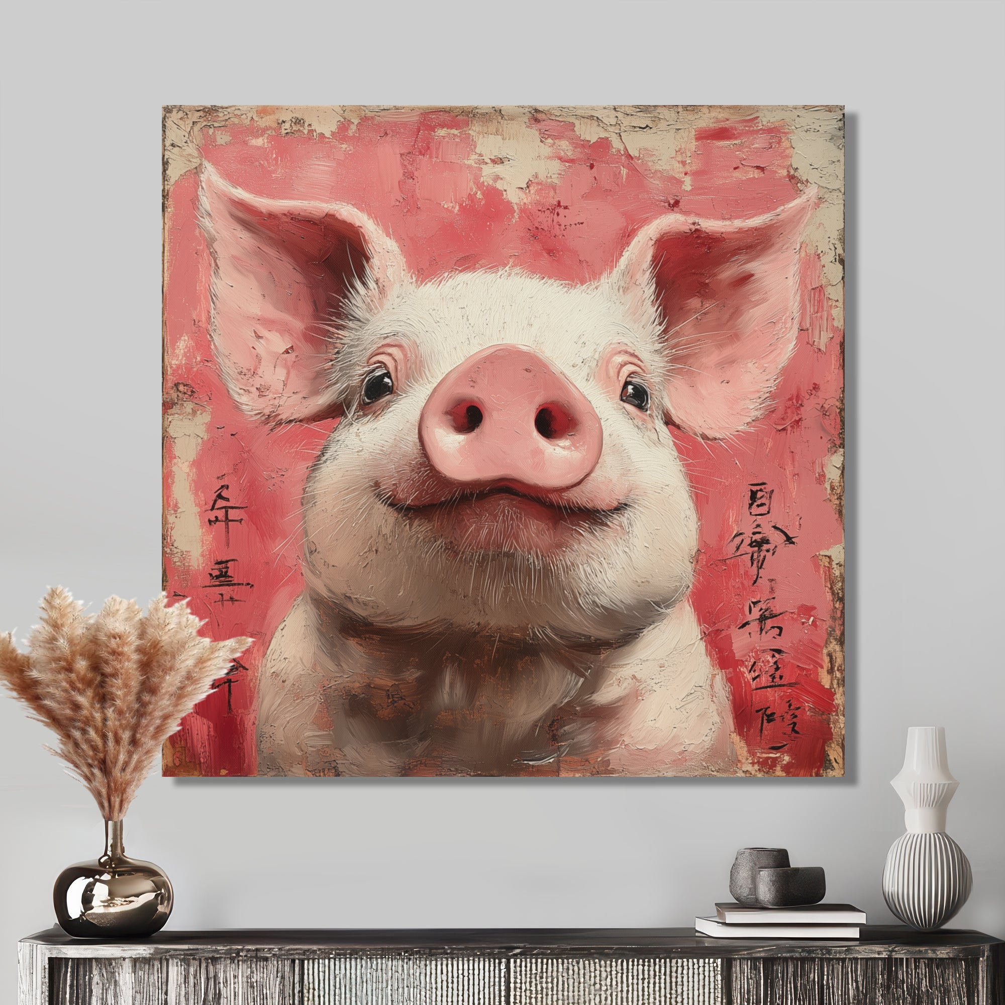 Pink And White China Pig Sign - Pig Canvas Wall Art