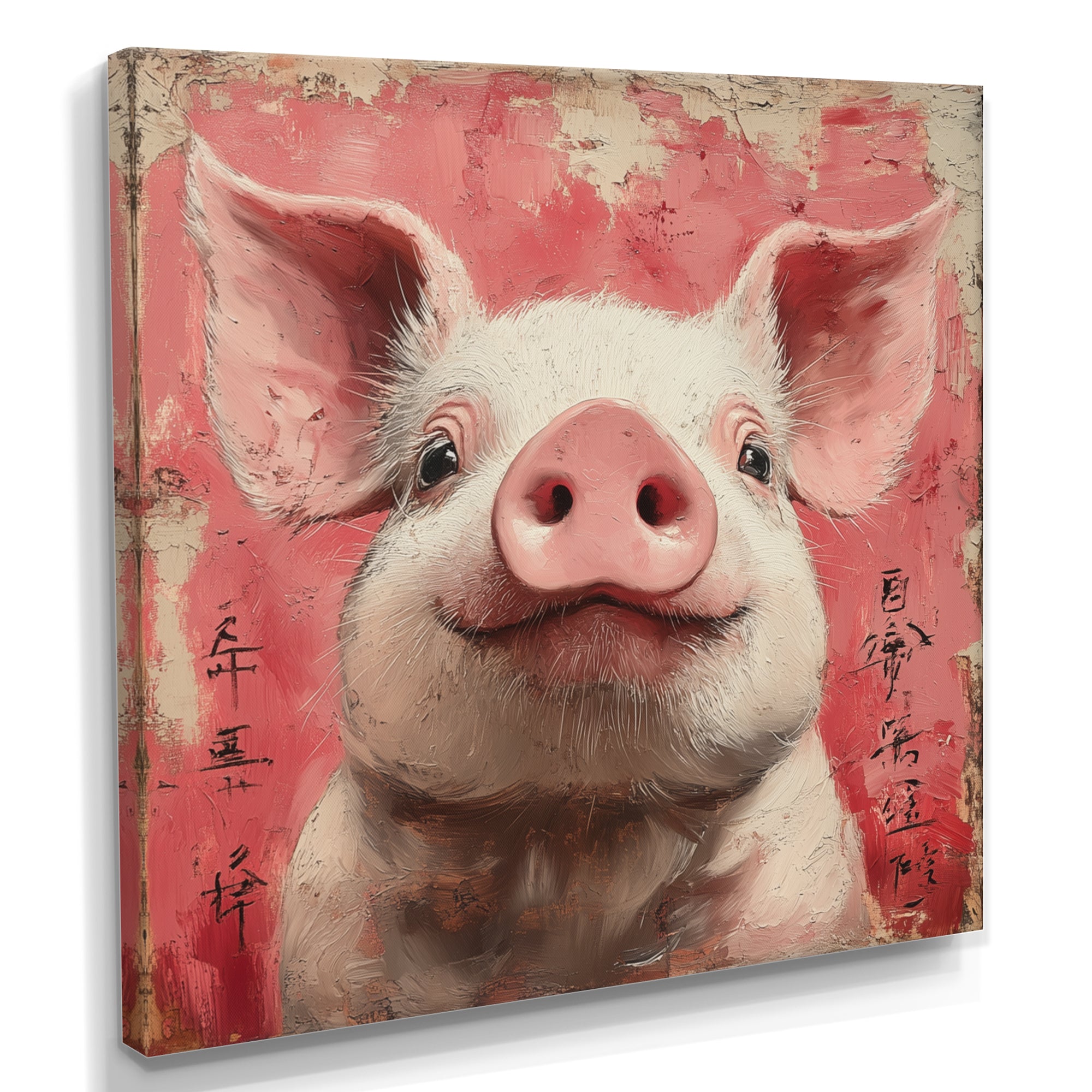 Pink And White China Pig Sign - Pig Canvas Wall Art
