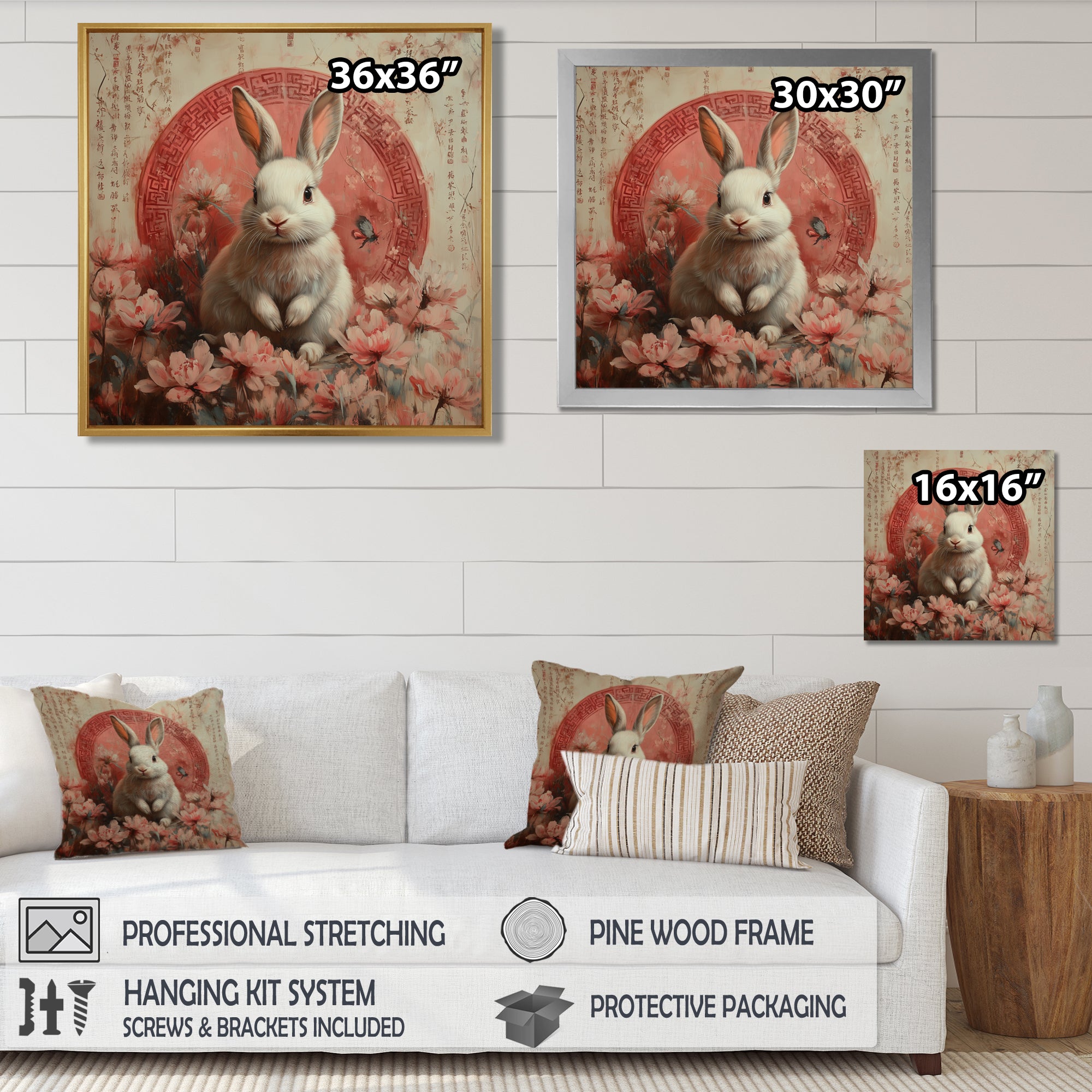 Pink Chinese Pink Sign - Rabbit Canvas Wall Art