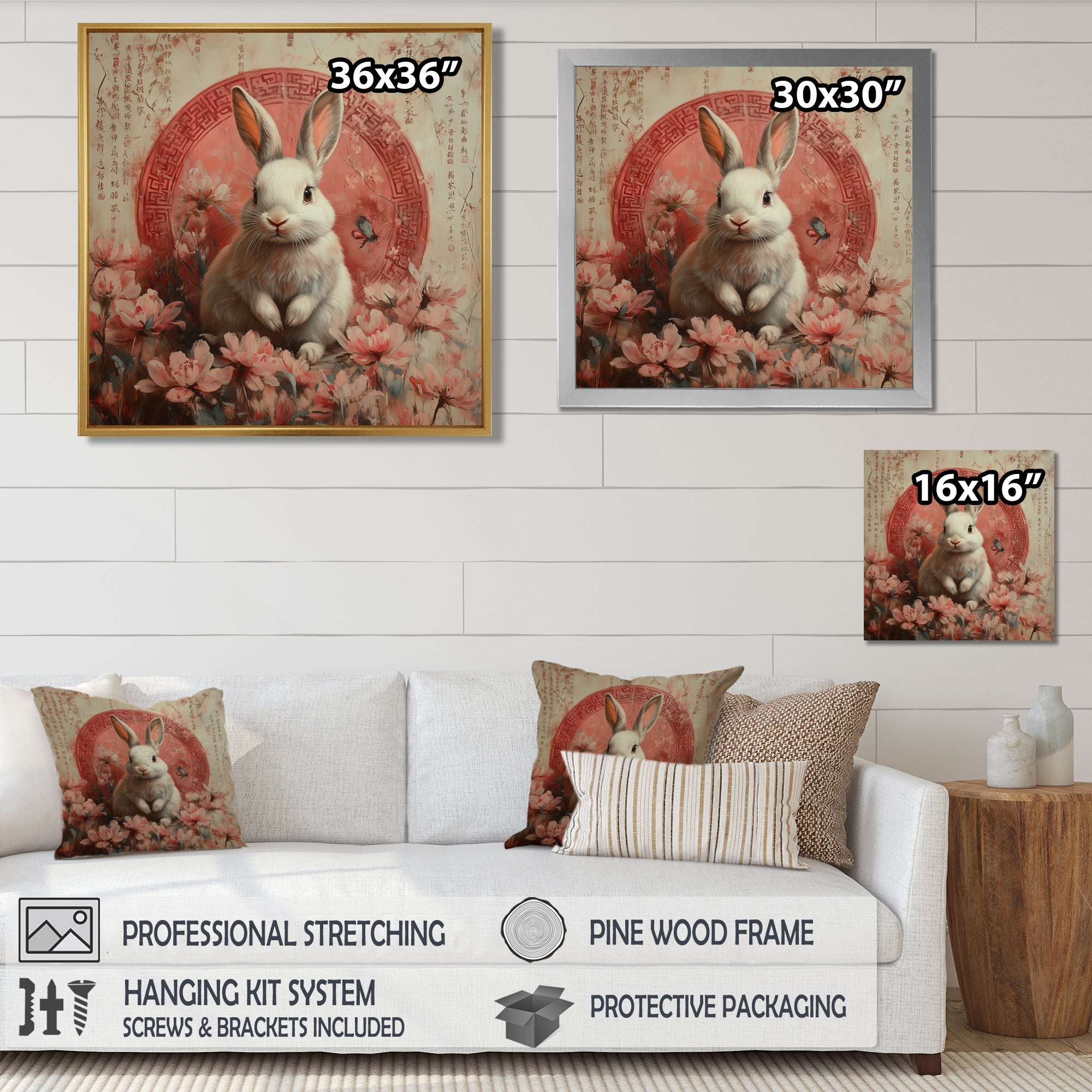 Pink Chinese Pink Sign - Rabbit Canvas Wall Art