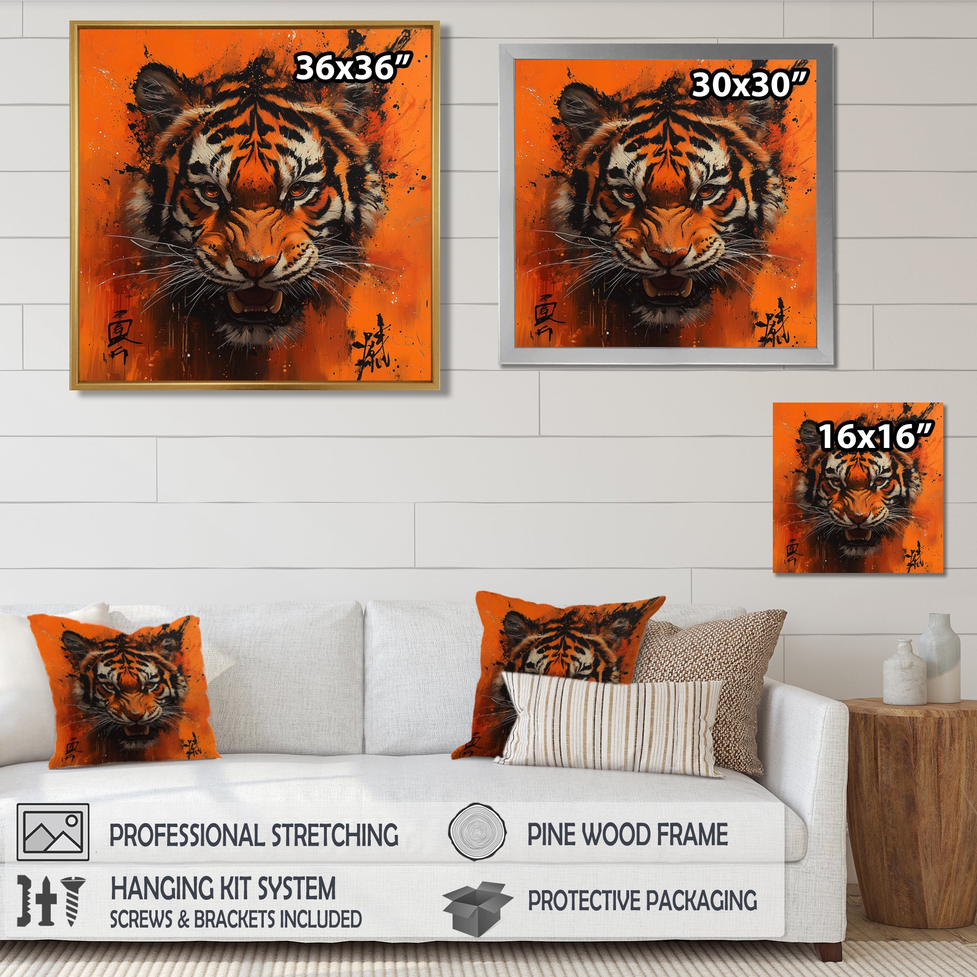 Orange And Black Tiger With Chinese Sign - Tiger Wall Art Prints